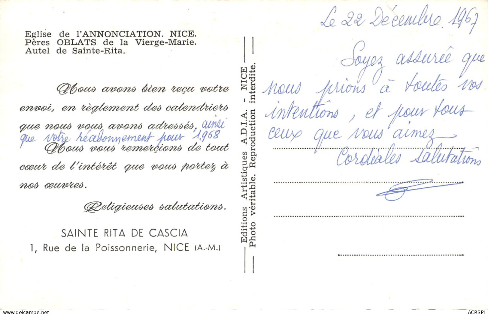 NICE  Sainte Rita De Cascia 1 Rue Poissonnerie  éditions ADIA (Scans R/V) N° 9 \MO7066 - Monumenten, Gebouwen