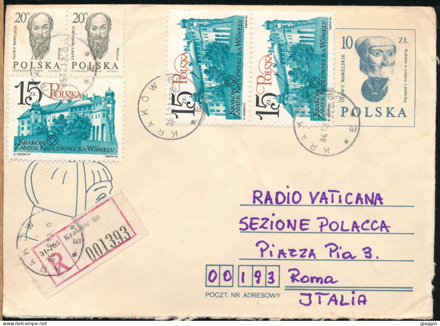 °°° POLAND - REGISTERED LETTER FROM KRAKOW TO VATICAN RADIO ROME 1986 °°° - Cartas & Documentos