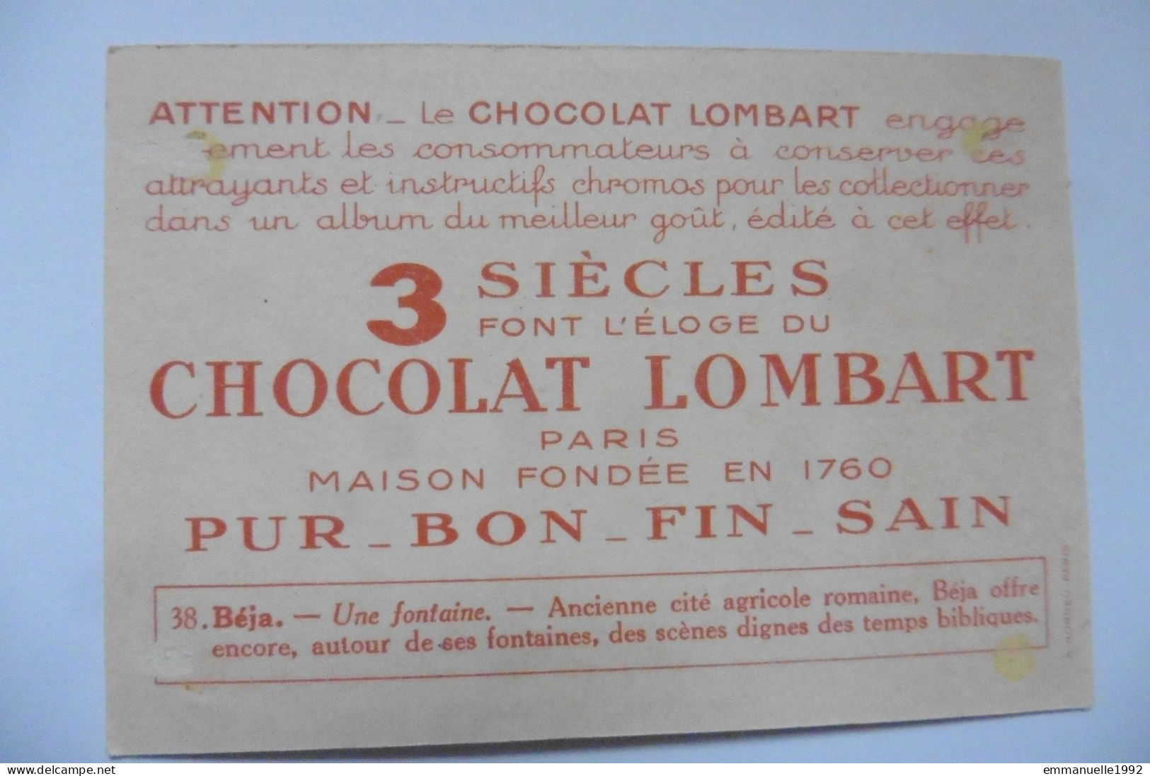 Chromo Chocolat Lombart - Tunisie - Tunis N°38 Béja - Lombart