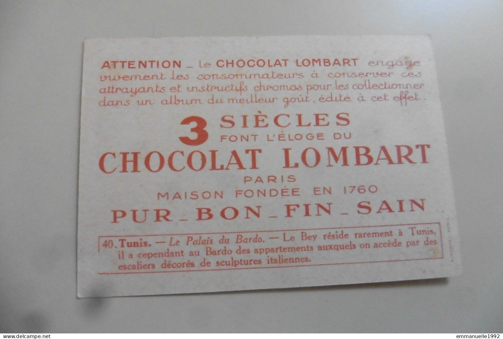 Chromo Chocolat Lombart - Tunisie - Tunis N°40 Le Palais Du Bardo - Lombart