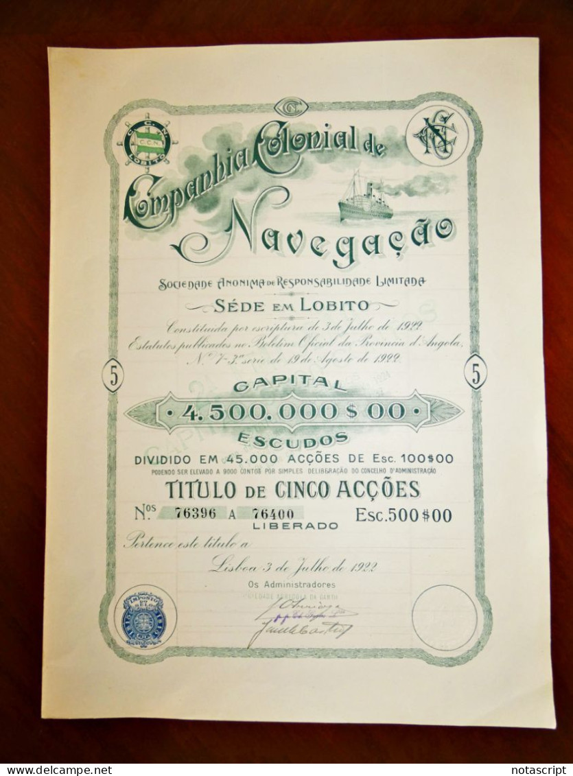 COMPANHIA COLONIAL  DE NAVEGAÇAO SA ,Lobito (Portuguese Angola)  5 Shares Single Certificate  1922 - Navegación