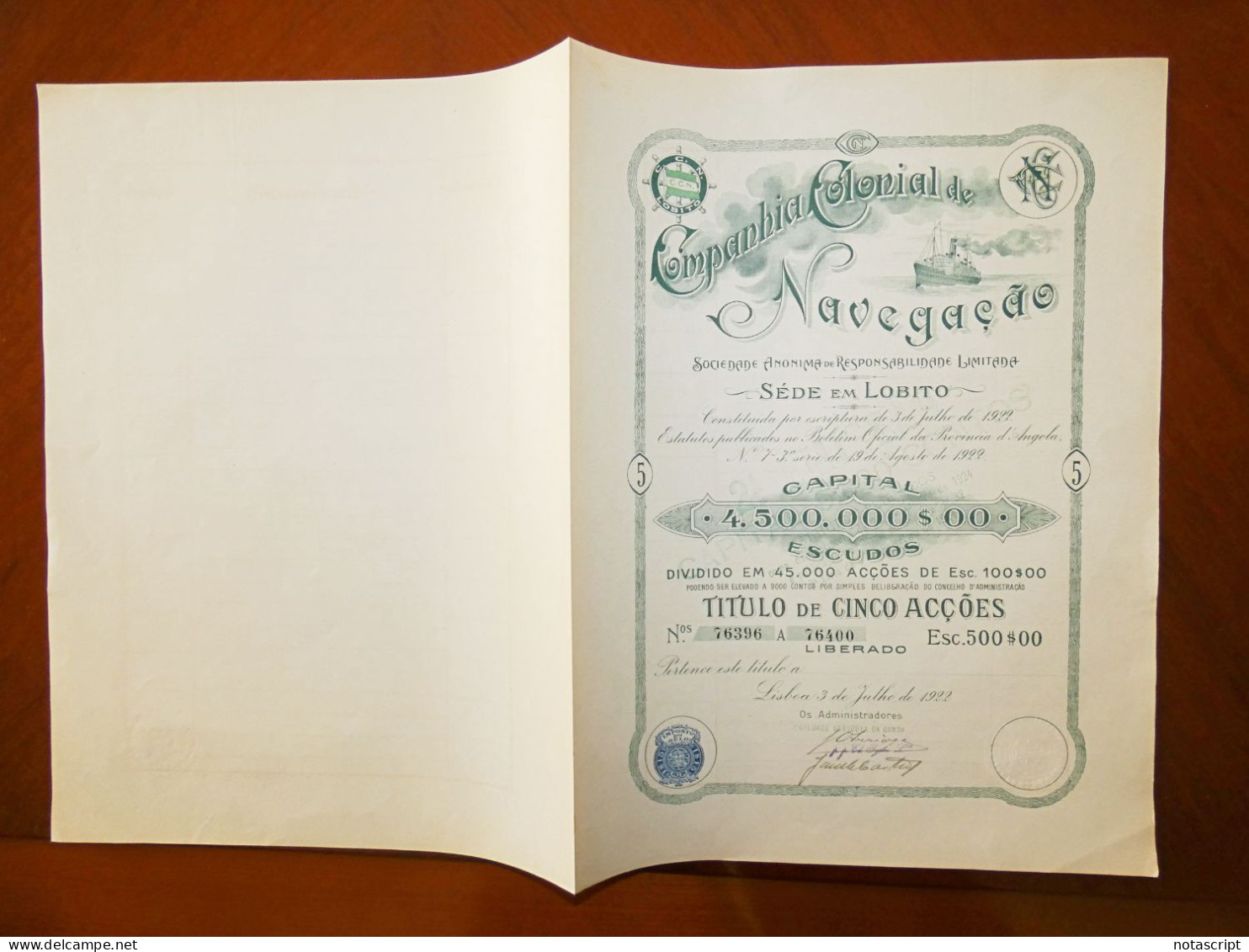 COMPANHIA COLONIAL  DE NAVEGAÇAO SA ,Lobito (Portuguese Angola)  5 Shares Single Certificate  1922 - Navigation