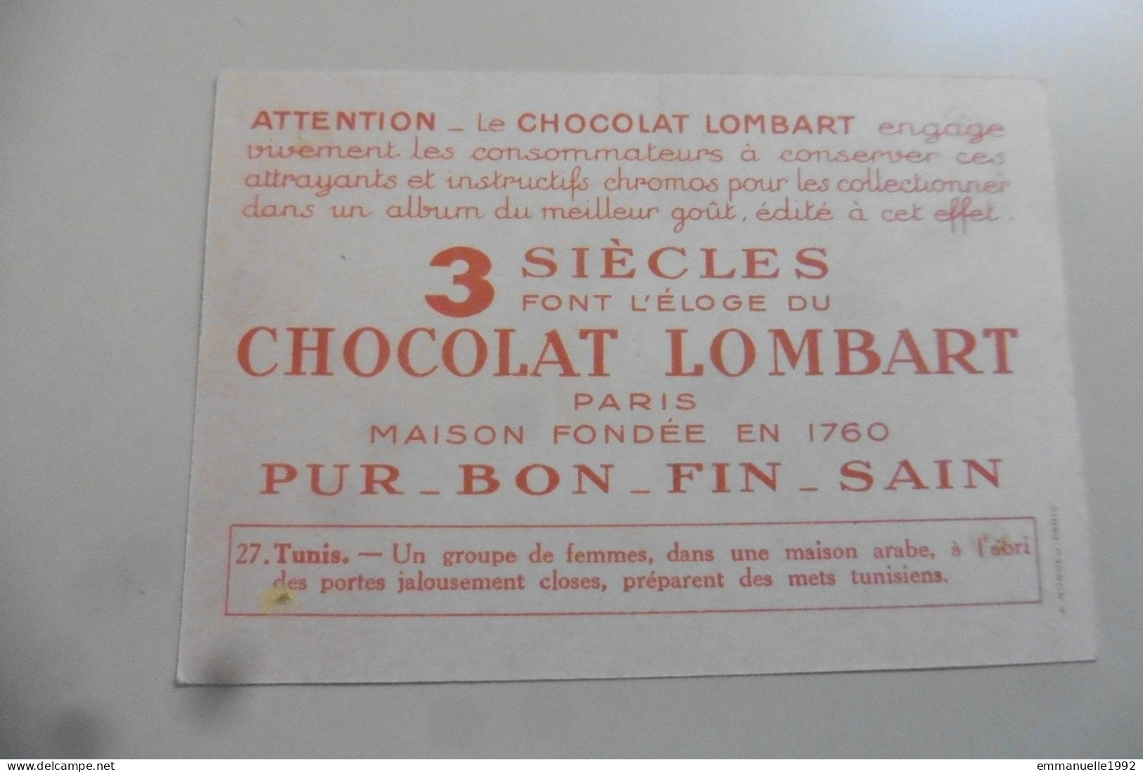Chromo Chocolat Lombart - Tunisie - Tunis N°27 Intérieur Arabe - Lombart
