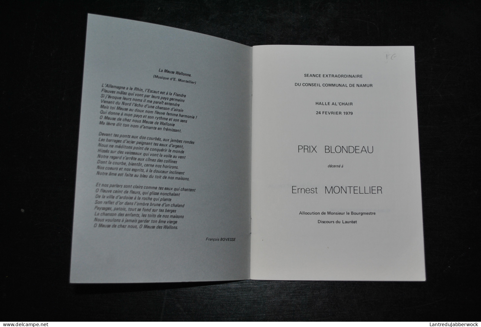 Prix Blondeau Décerné à ERNEST MONTELLIER Conseil Communal De Namur 1979 Discours La Meuse Wallonne Régionalisme Poésie - Belgium