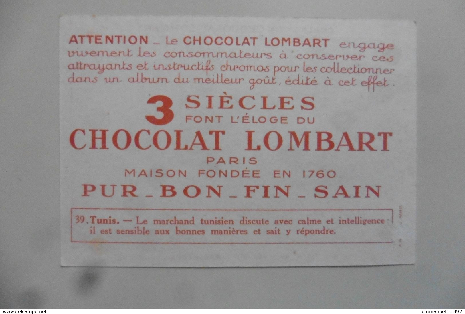 Chromo Chocolat Lombart - Tunisie - Tunis N°39 Marchands Souks Kasbah - Lombart