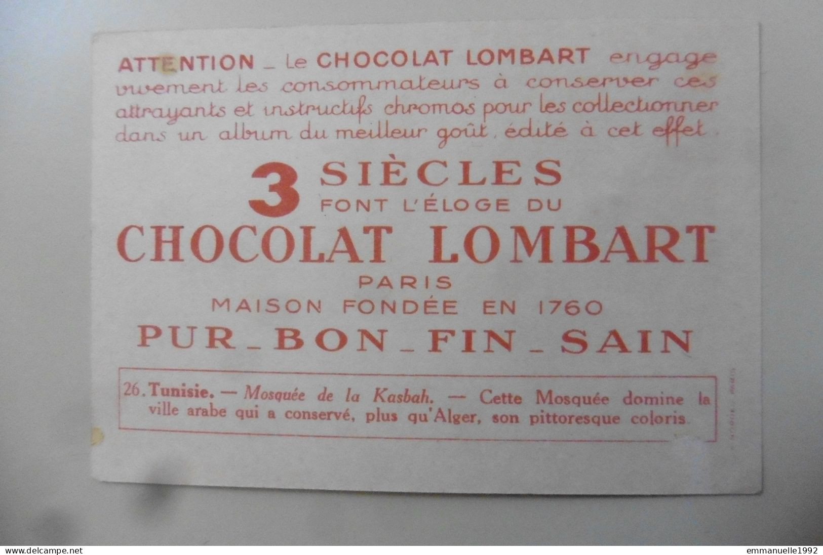 Chromo Chocolat Lombart - Tunisie - Tunis N°26 Mosquée Dans Kasbah - Lombart