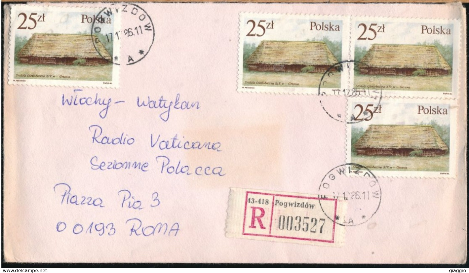 °°° POLAND - REGISTERED LETTER FROM POGWIZDOW TO VATICAN RADIO ROME 1986 °°° - Storia Postale