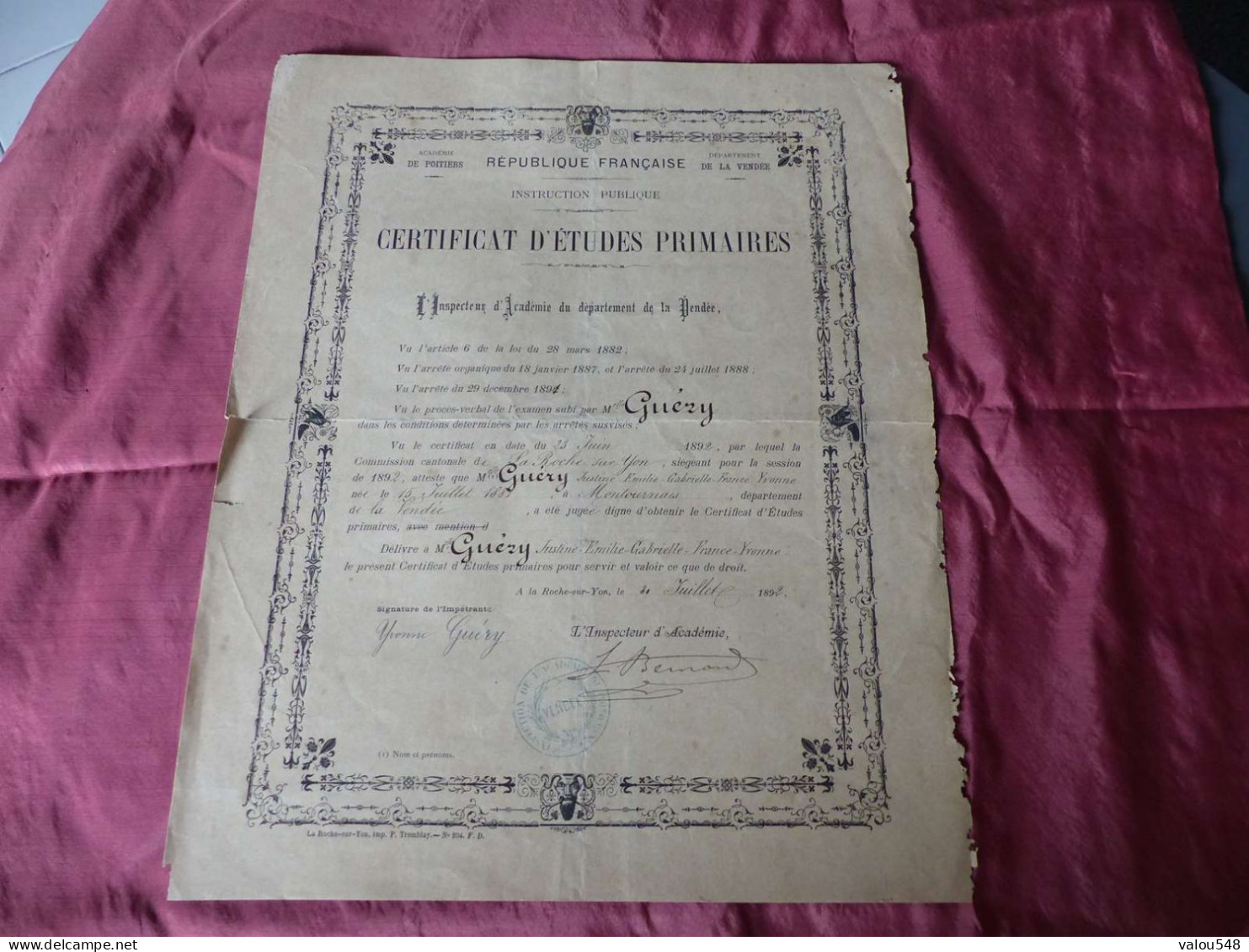 VP-1 , Diplôme , Certificat D'études Primaires , Académie De Vendée, 30 Juillet 1896 - Diploma & School Reports