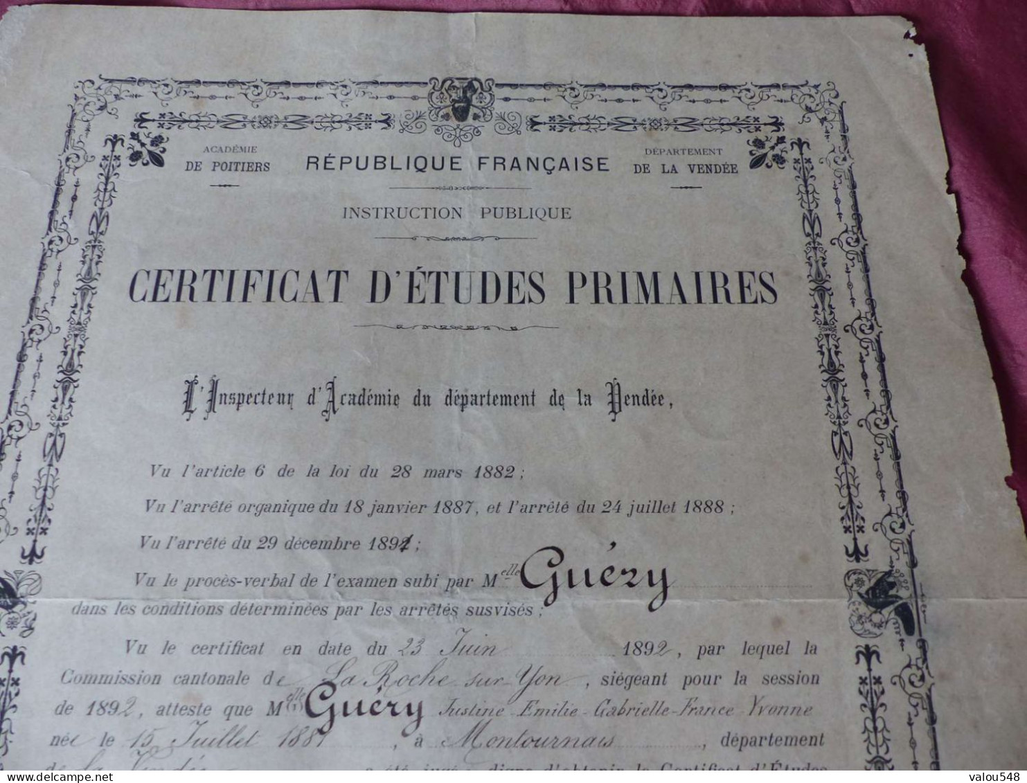 VP-1 , Diplôme , Certificat D'études Primaires , Académie De Vendée, 30 Juillet 1896 - Diploma & School Reports