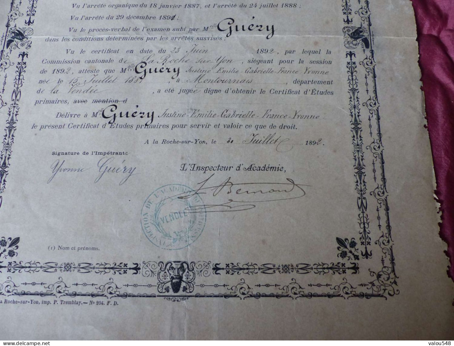VP-1 , Diplôme , Certificat D'études Primaires , Académie De Vendée, 30 Juillet 1896 - Diplômes & Bulletins Scolaires