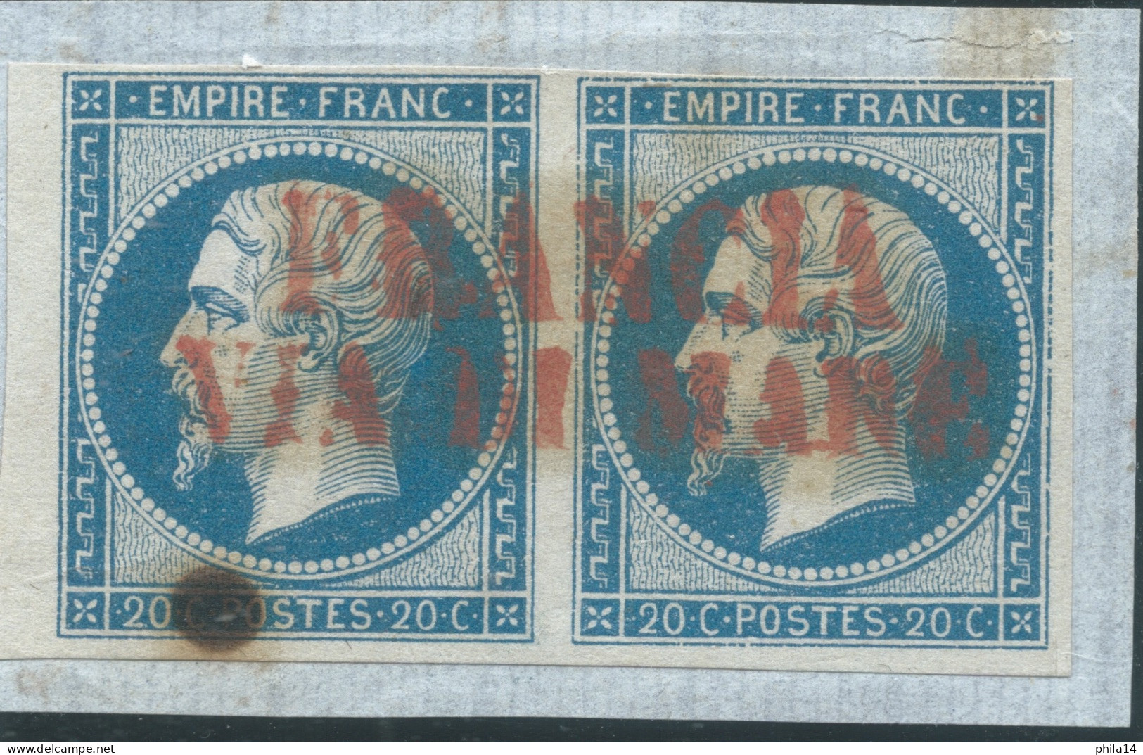 PAIRE N°14 20c BLEU NAPOLEON TYPE 2 / OBLITERATION ROUGE FRANCIA VIA DI MARE - 1853-1860 Napoleon III