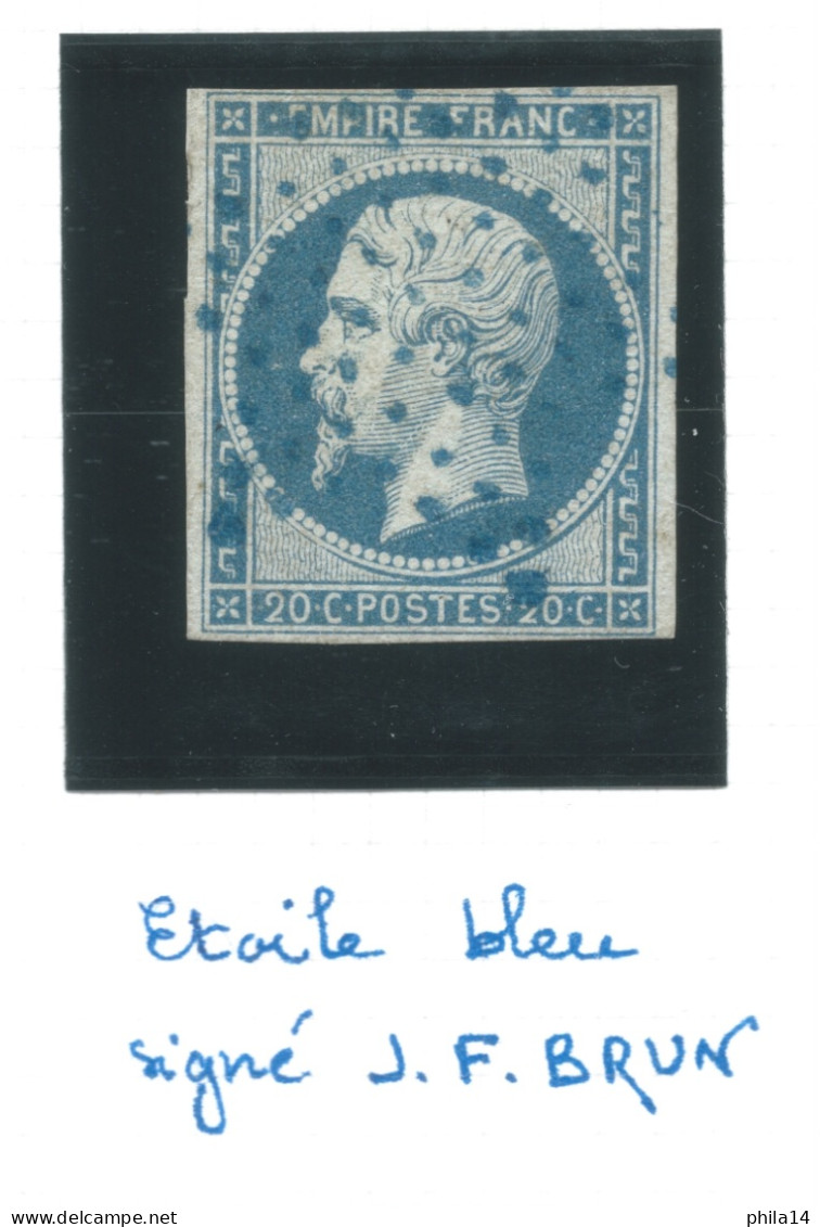 N°14 20c BLEU NAPOLEON TYPE 1 / TB MARGES / OBLITERATION ETOILE BLEUE / SIGNE JF BRUN - 1853-1860 Napoléon III
