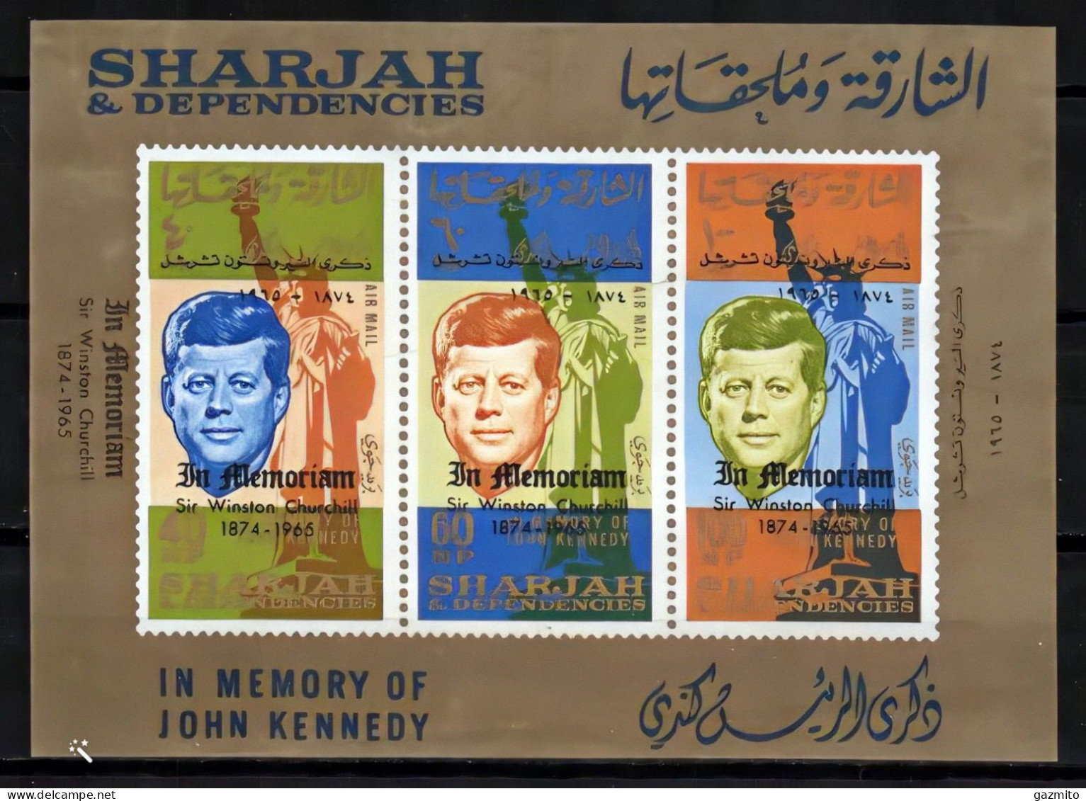 Sharjah 1964, Kennedy, Overp. Winston Churchill, 3val In Block - Sharjah