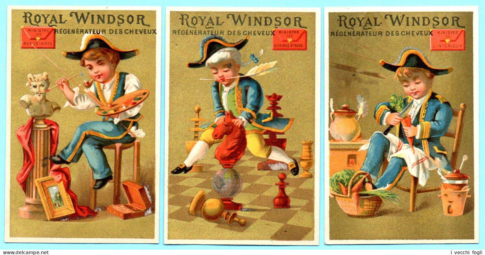 Lot De 3 Chromos Royal Windsor. Artiste Cuisinier Joueur. Fond Doré. Imp. Kimel. - Other & Unclassified