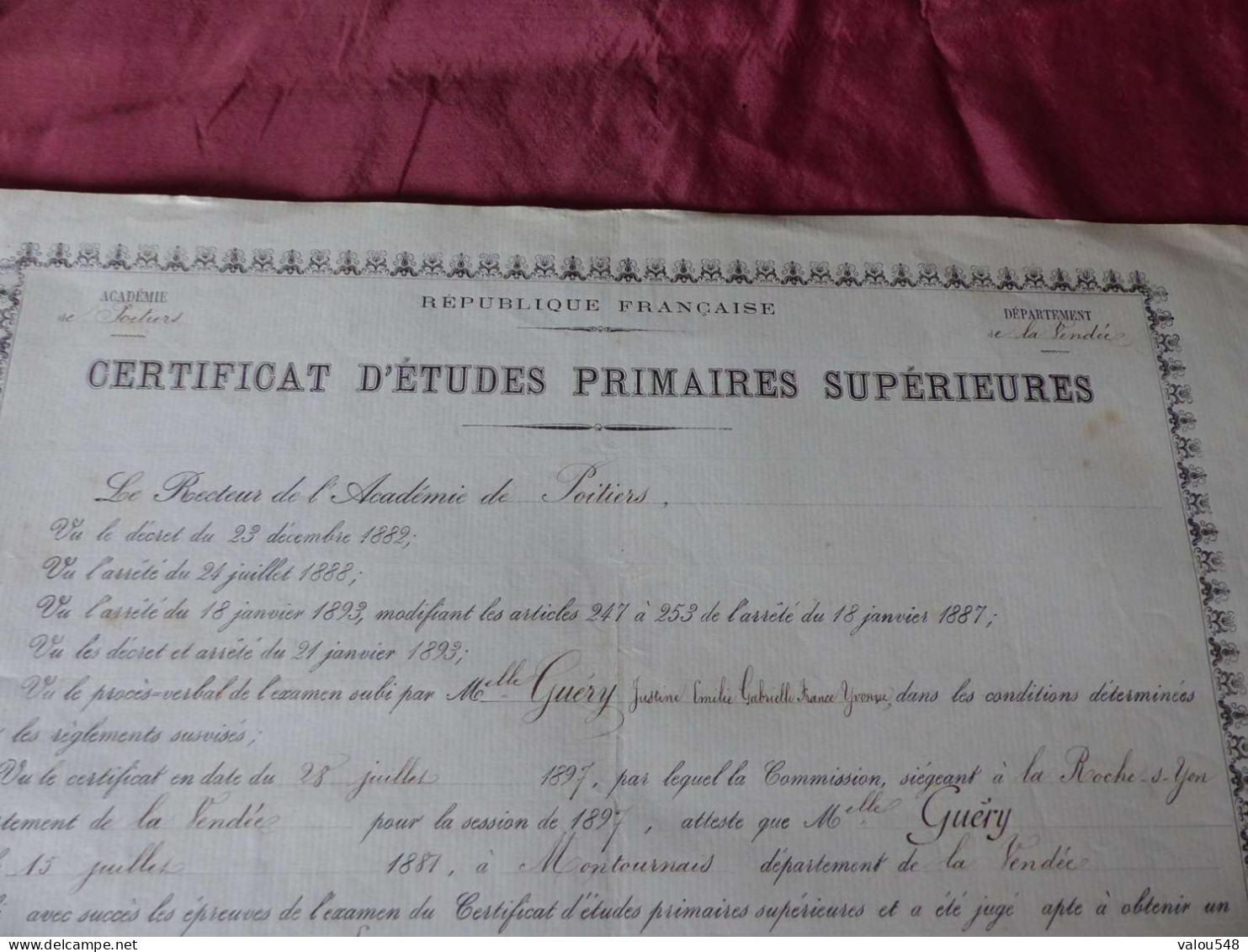 VP-3 , Diplôme ,Certificat D'études Primaires Supérieures , Académie De Poitiers, 12 Août 1897 - Diplomas Y Calificaciones Escolares
