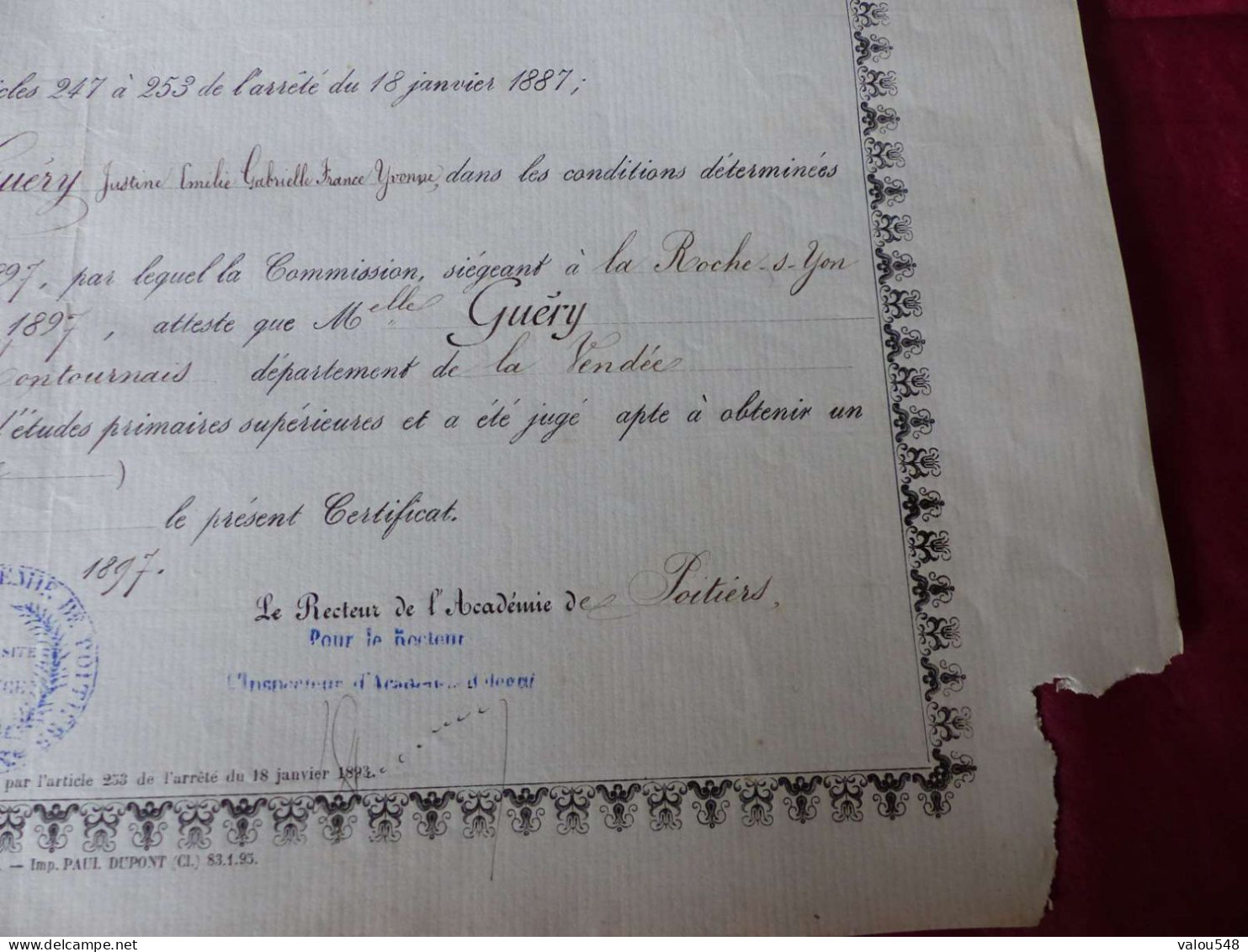 VP-3 , Diplôme ,Certificat D'études Primaires Supérieures , Académie De Poitiers, 12 Août 1897 - Diplome Und Schulzeugnisse
