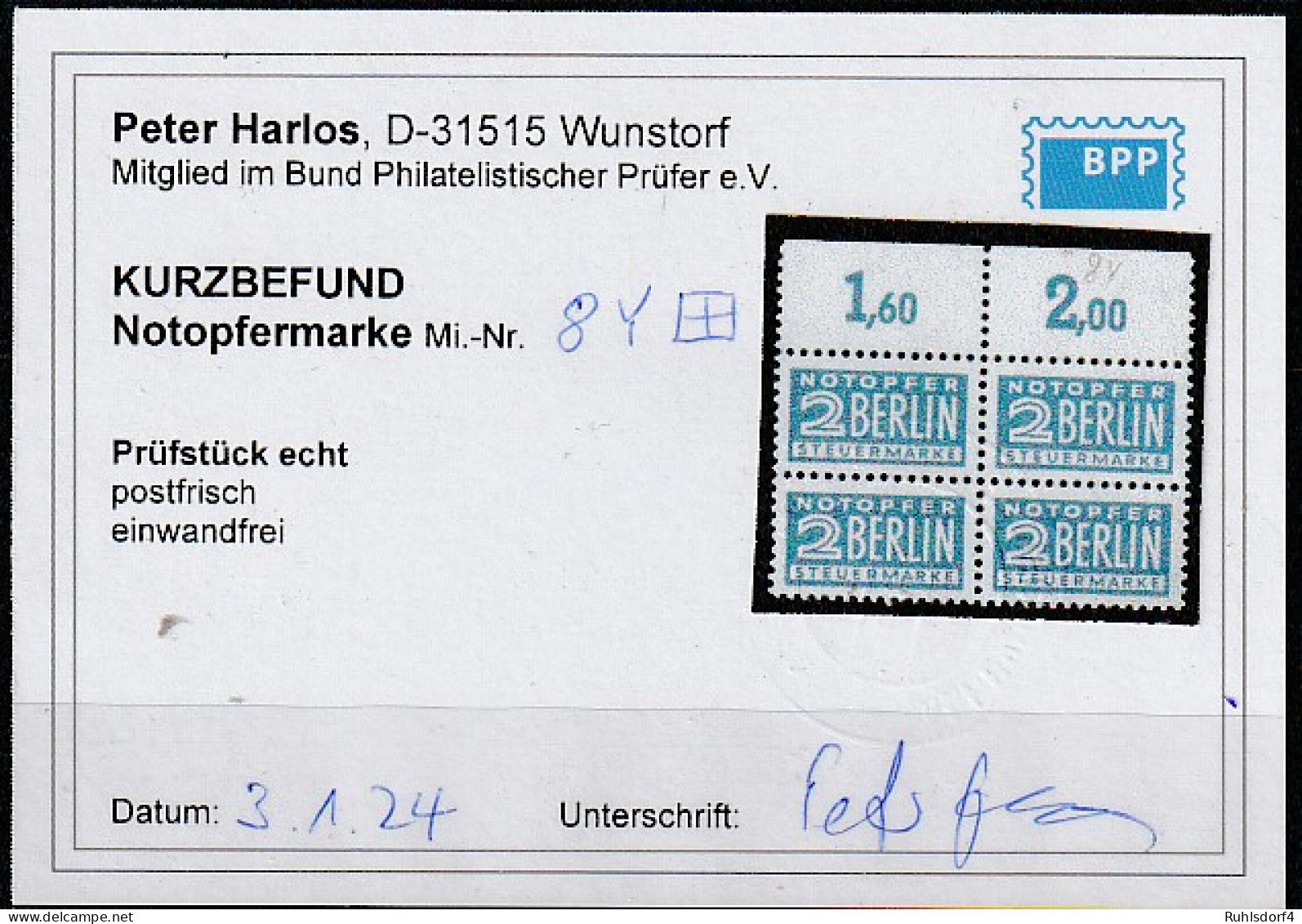Zwangszuschlagmarke 8Y Im ** Viererblock, Befund - Other & Unclassified