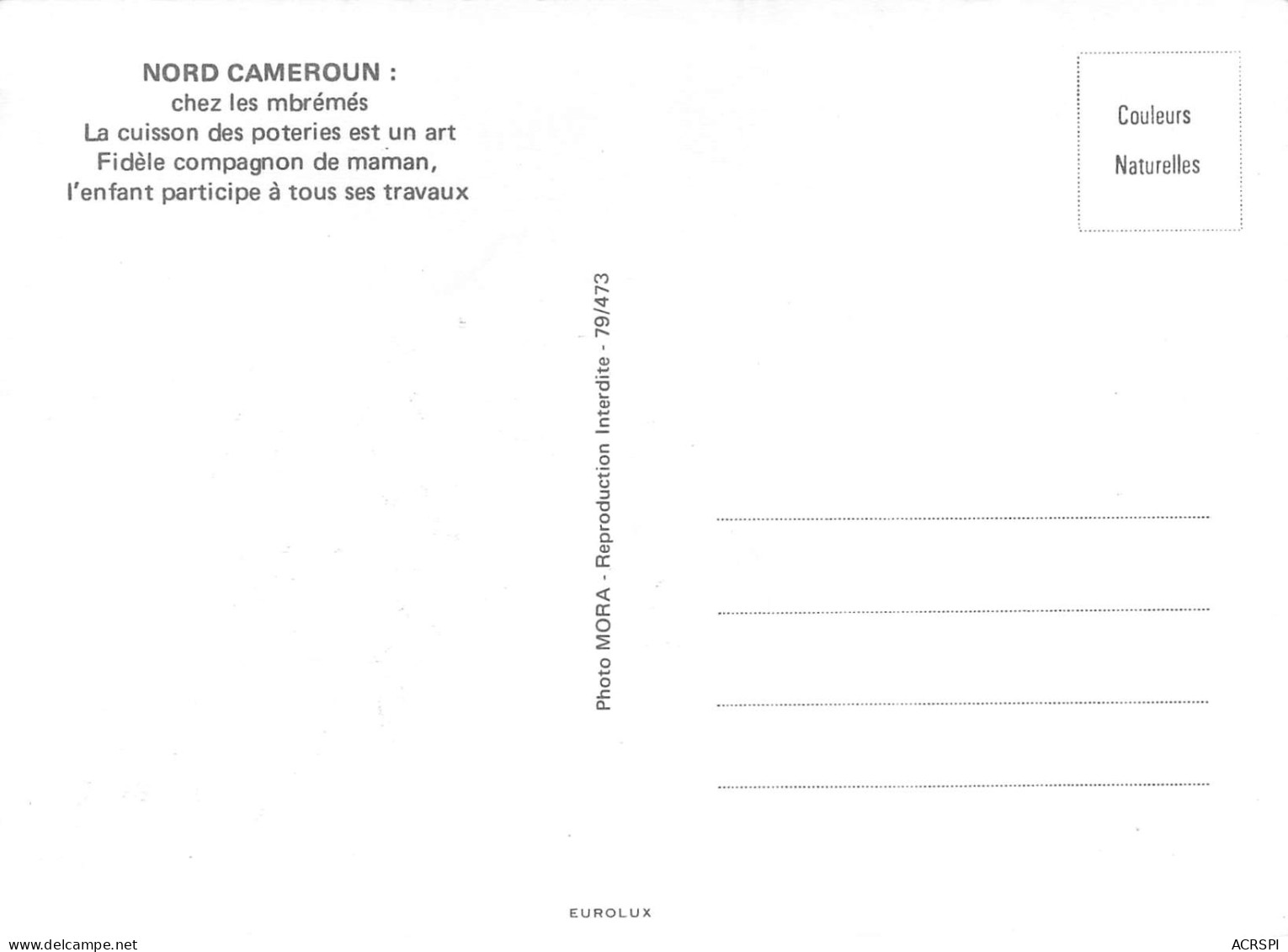 CAMEROUN Chez Les Mbrémés Cuissons Des Poteries Carte Vierge Non Circulé  éditions MORA (Scan R/V) N° 46 \MP7123 - Cameroon