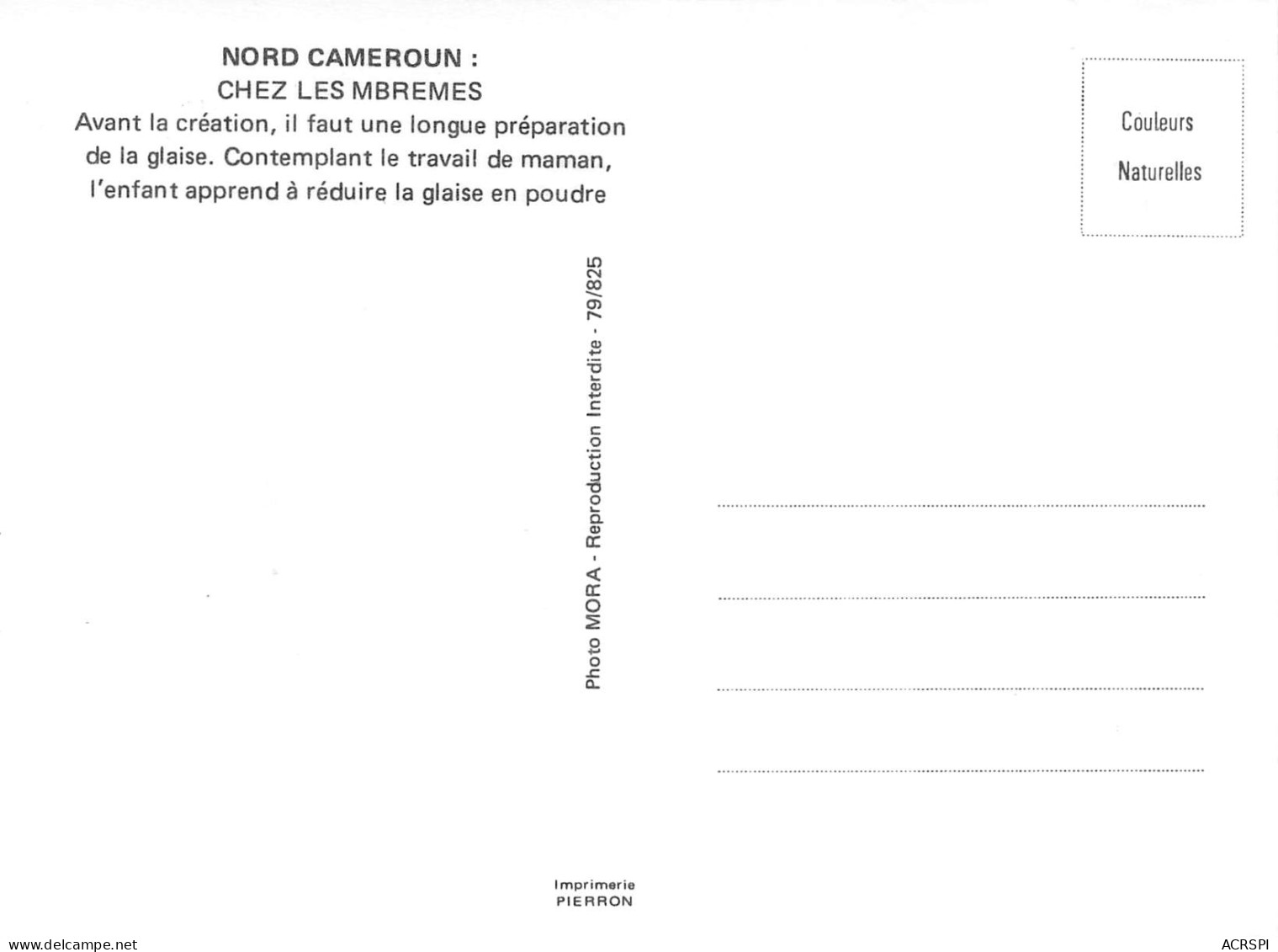 CAMEROUN Chez Les Mbremes Préparation De La Glaise Carte Vierge Non Circulé  éditions Mora (Scan R/V) N° 59 \MP7123 - Camerún