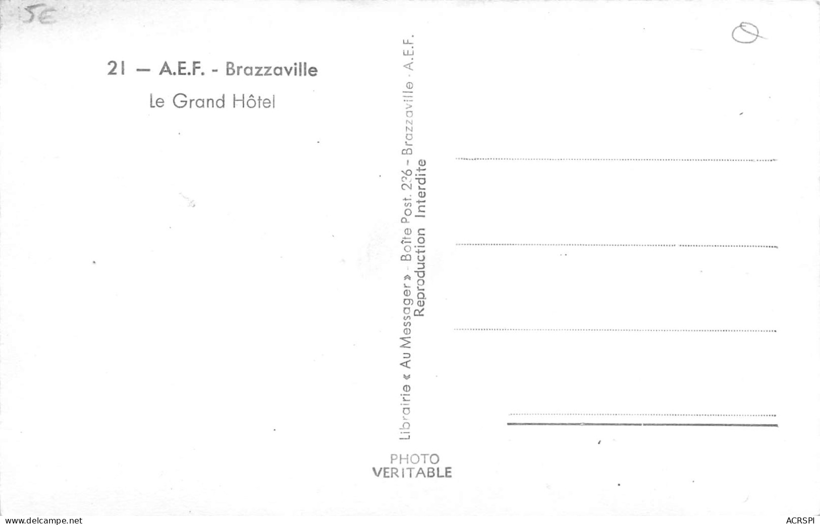 CONGO BRAZZAVILLE Le Grand Hôtel  éditions Hoa-Qui Carte Vierge Non Circulé (Scan R/V) N° 9 \MP7124 - Brazzaville