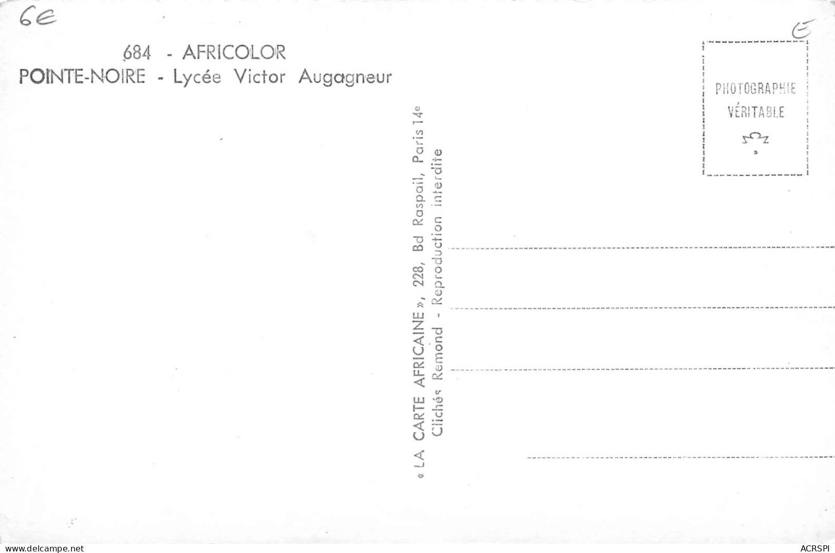 CONGO POINTE-NOIRE Lycée Victor Augagneur édition Remond (Scan R/V) N° 30 \MP7125 - Pointe-Noire