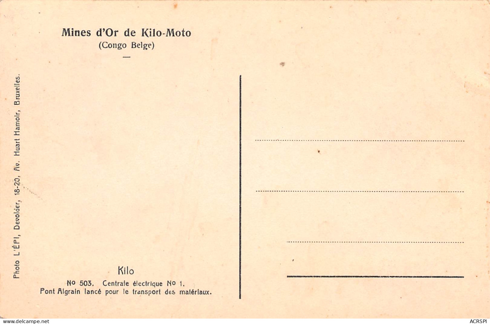 CONGO Kinshasa Kilo-Moto Mines D'Or Centrale électrique Pont Algrain Dos Vierge (Scan R/V) N° 70 \MP7126 - Kinshasa - Leopoldville (Leopoldstadt)