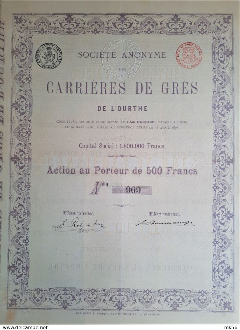 Carrières De Grès De L'ourthe - Act. Au P. De 500 Francs (1878) - Mines