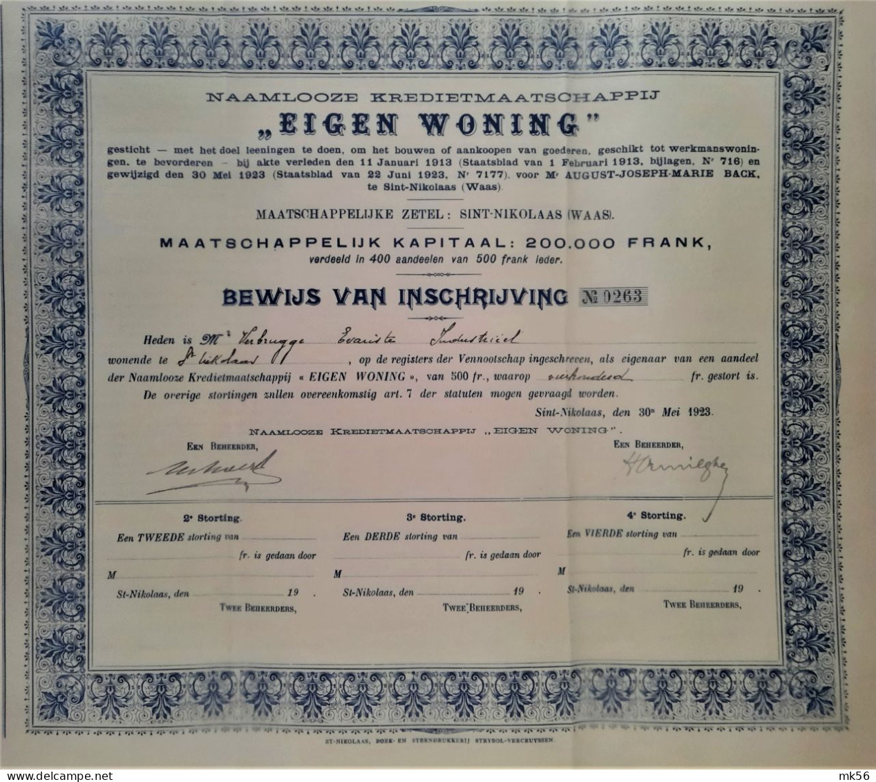 Naamlooze Kredietmaatschappij 'Eigen Woning' - Bewijs Van Inschrijving  - Verbrugge Evariste - Sint Niklaas - 1923 - Sonstige & Ohne Zuordnung