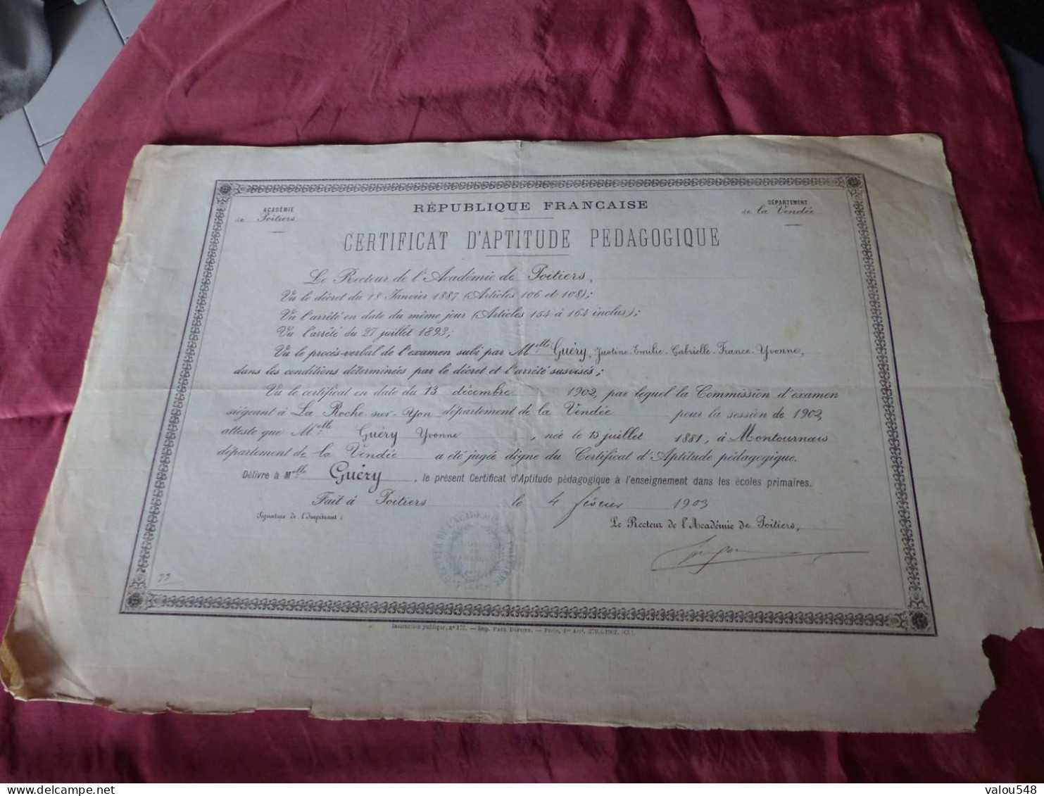 VP-5 , Diplôme ,Certificat D'Aptitude Pédagogique, Académie De Poitiers , 4 Février 1903 - Diplome Und Schulzeugnisse