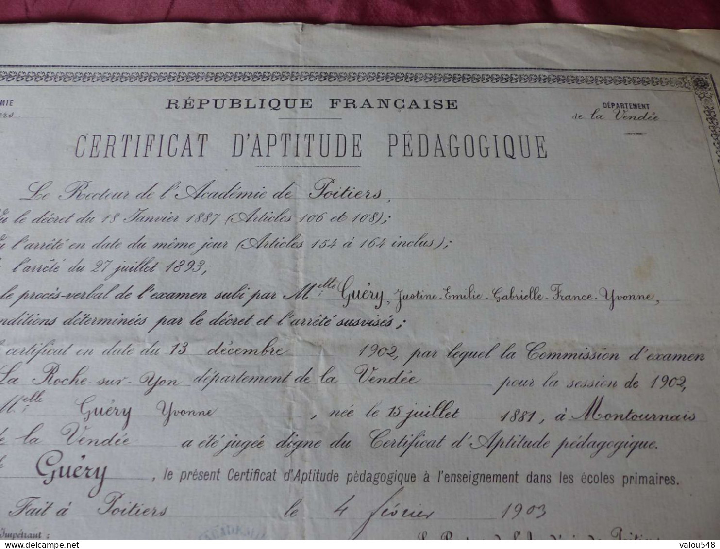 VP-5 , Diplôme ,Certificat D'Aptitude Pédagogique, Académie De Poitiers , 4 Février 1903 - Diplomas Y Calificaciones Escolares