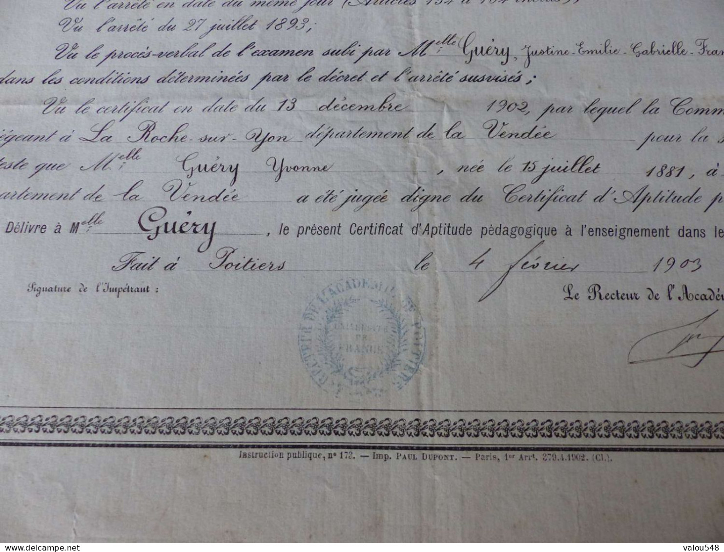 VP-5 , Diplôme ,Certificat D'Aptitude Pédagogique, Académie De Poitiers , 4 Février 1903 - Diploma's En Schoolrapporten