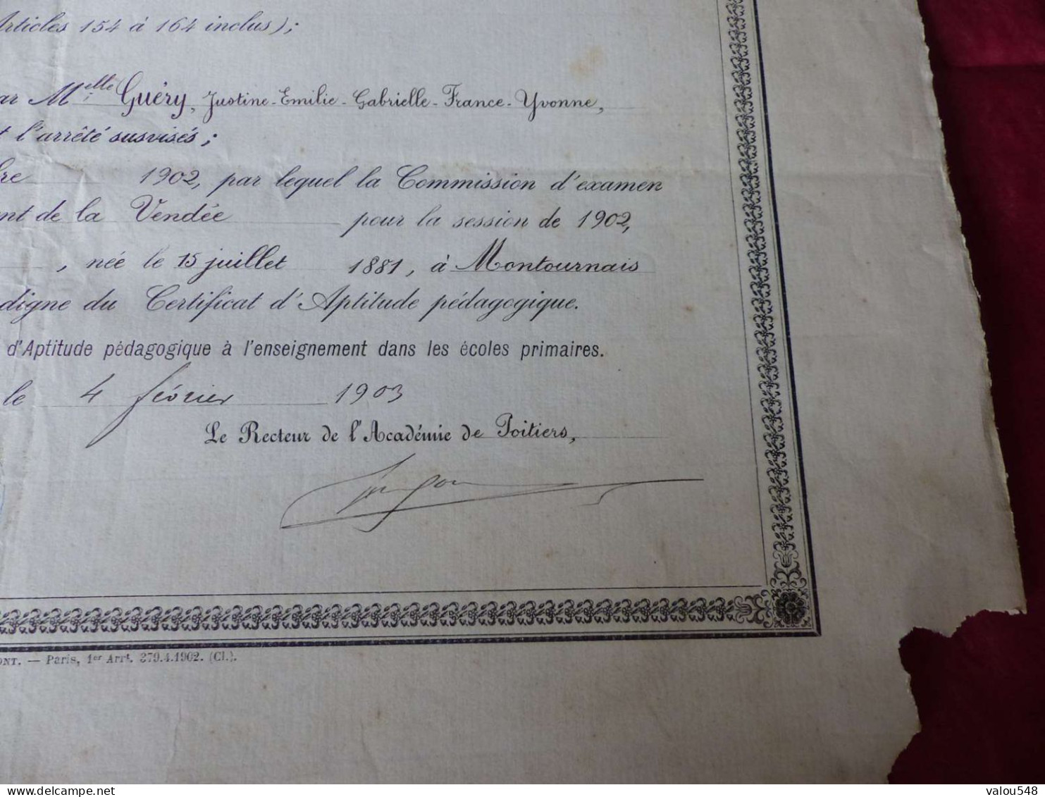 VP-5 , Diplôme ,Certificat D'Aptitude Pédagogique, Académie De Poitiers , 4 Février 1903 - Diploma & School Reports