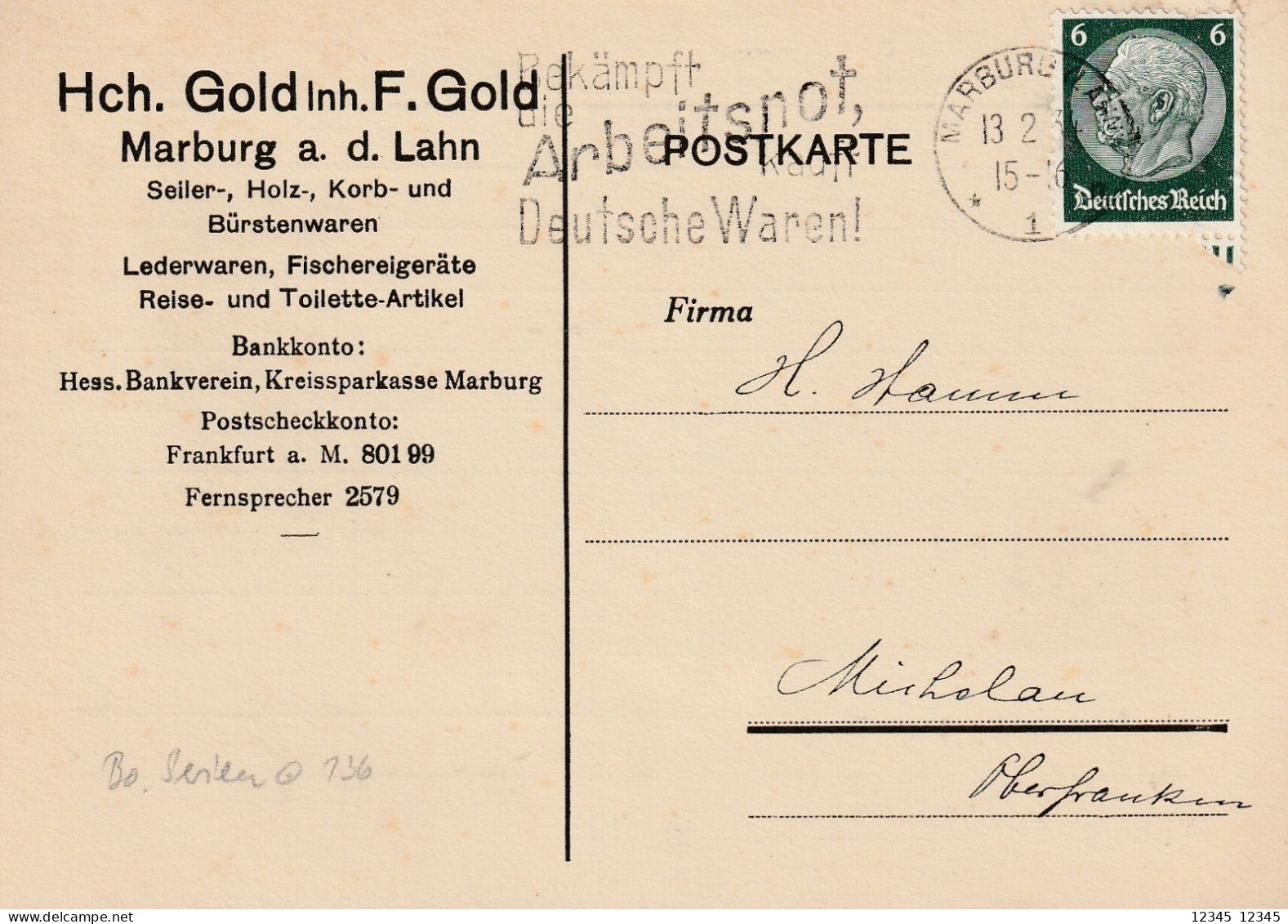 Marburg A.d. Lahn 1934, Hch. Gold Inh. F. Gold (Seiler, Holz, Korb- Und Bürstenwaren) - Lettres & Documents