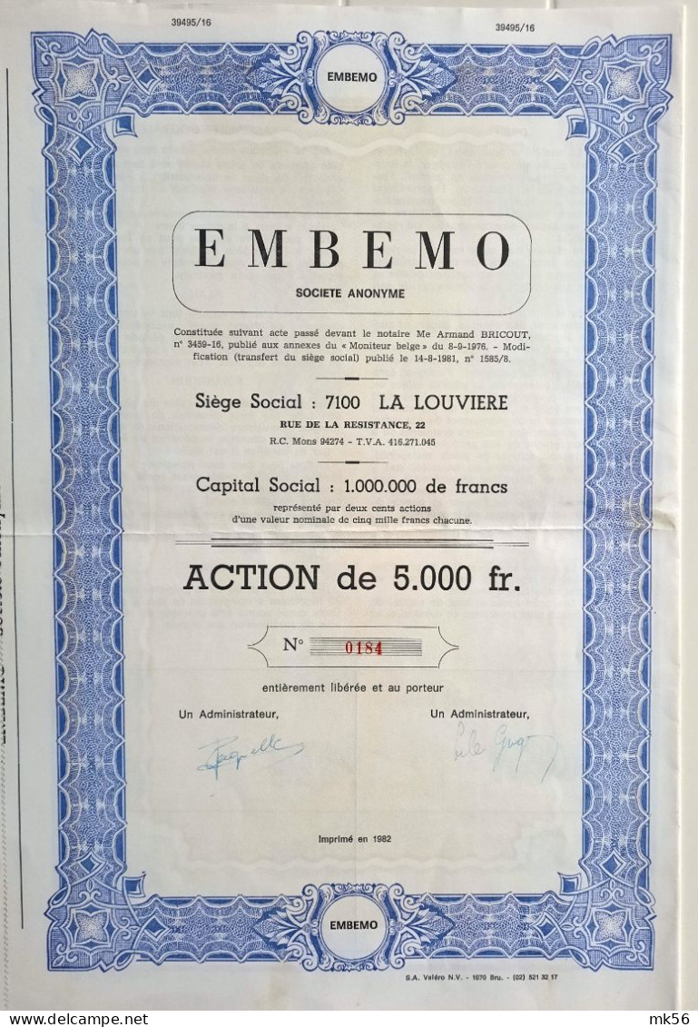 Embemo - La Louvière - Action De 5000 Fr - 1981 - Altri & Non Classificati