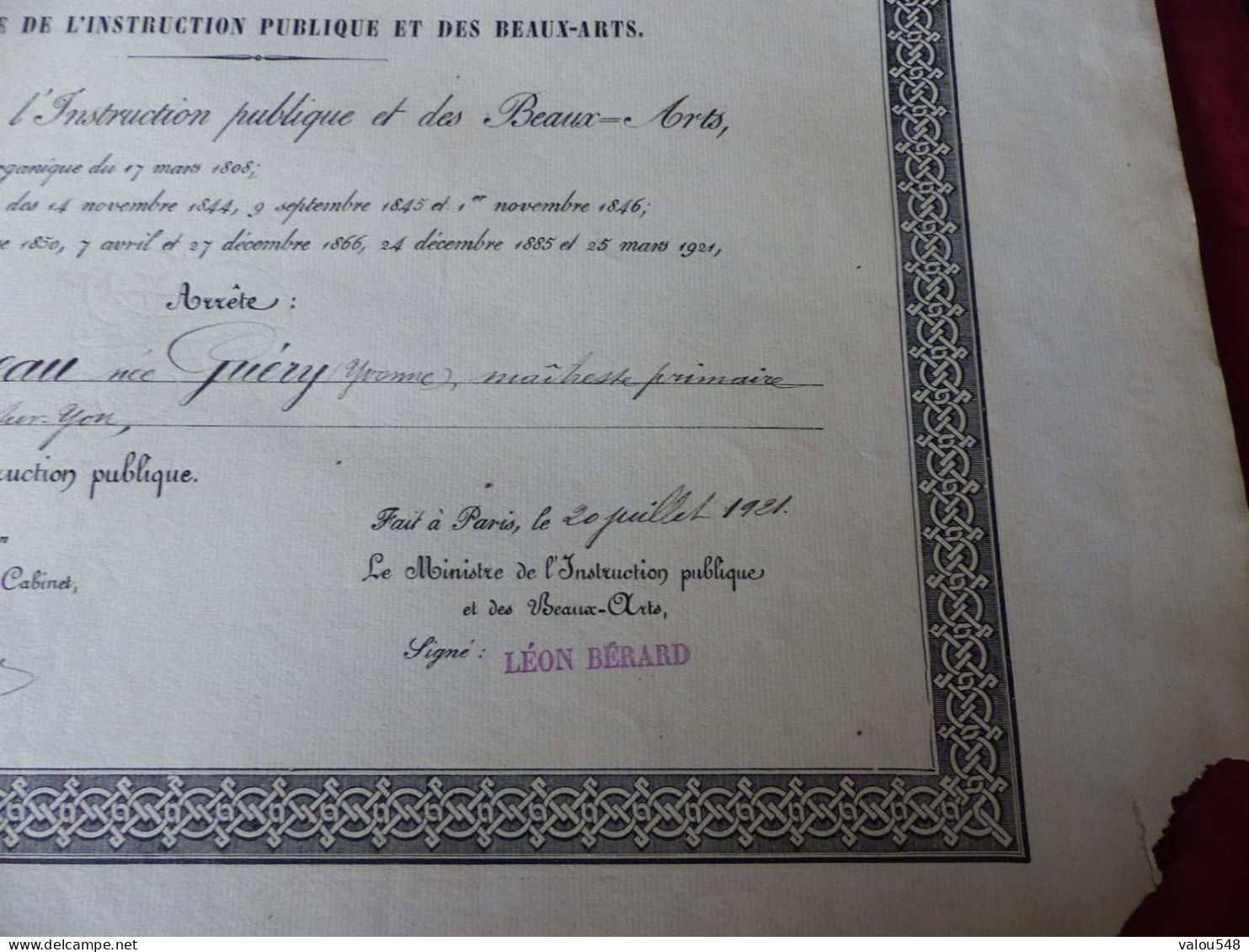 VP-6 , Diplôme ,Ministère De L'Instruction Publique Et Des Beaux Arts , Officier De L'instruction Publique ,1921 - Diploma's En Schoolrapporten