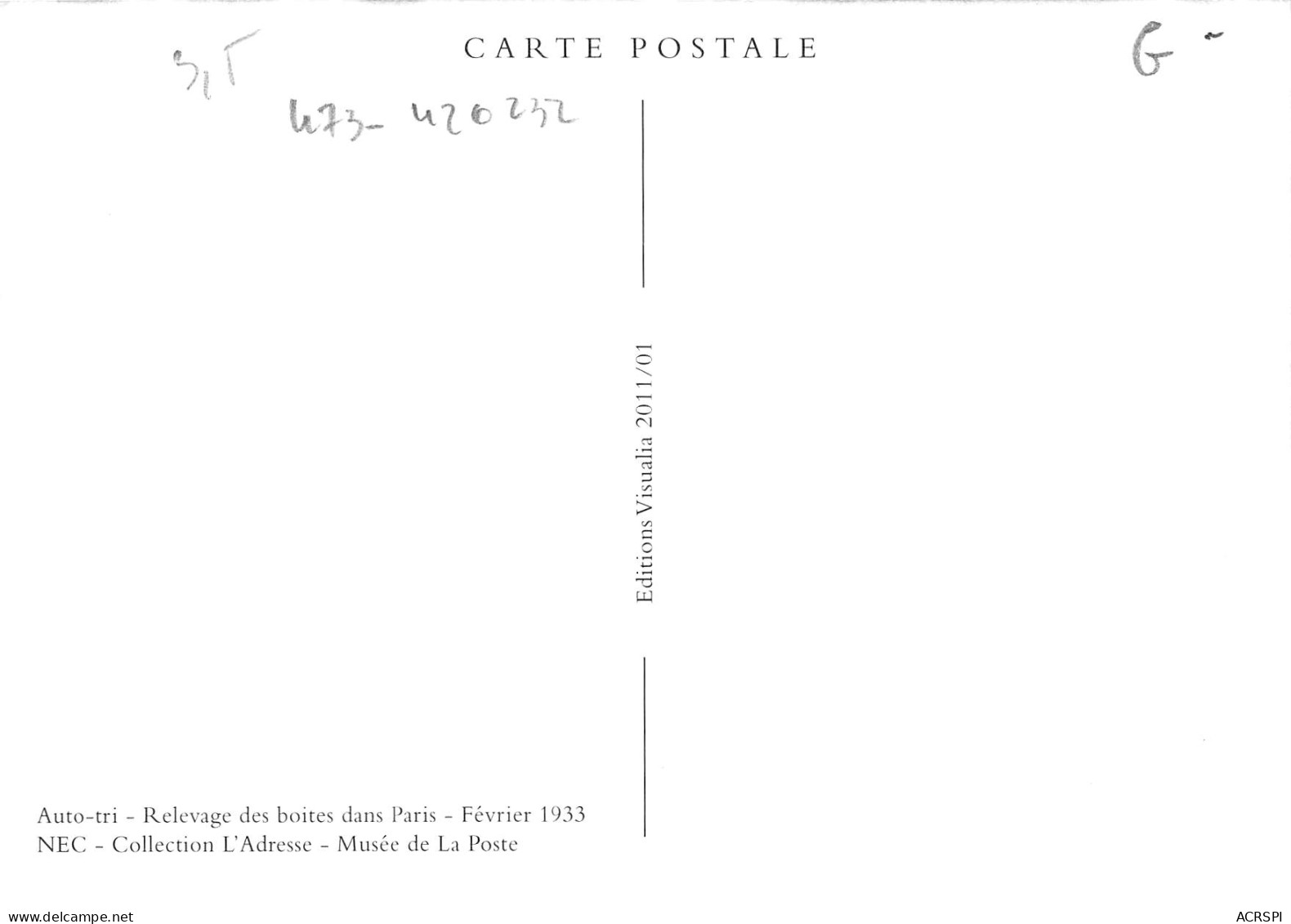 PARIS 15 AUTO TRI Relevage Des Boites En 1933 édition Visualia Poste PTT Postes  (Scan R/V) N° 67 \MP7137 - Arrondissement: 15