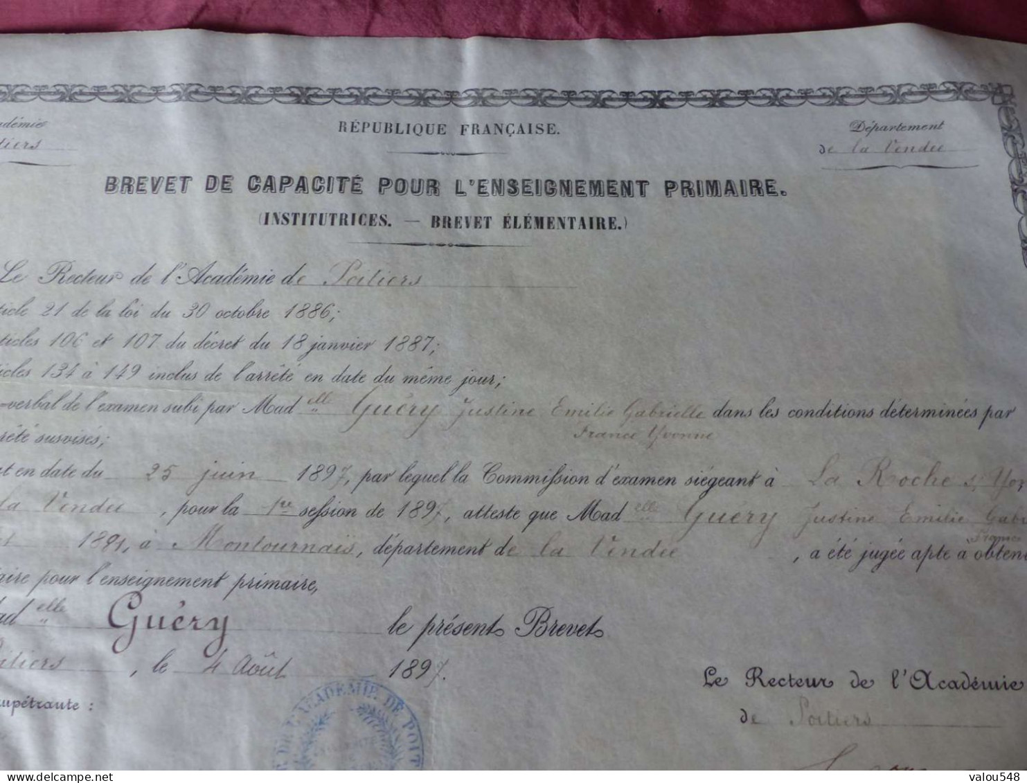 VP-7 , Diplôme ,Brevet De Capacité Pour L'enseignement Primaire , Académie De Poitiers,  4 Août 1897 - Diplome Und Schulzeugnisse