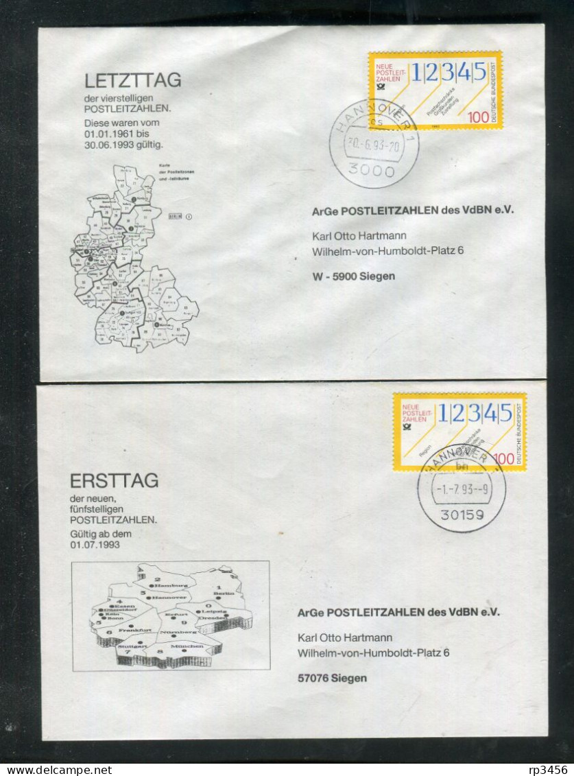 "BUNDESREPUBLIK DEUTSCHLAND" 1993, 2 Sonderbriefe Letzt-/Ersttag "alte/neue Postleitzahlen" Je Stempel"HANNOVER" (R1201) - Lettres & Documents