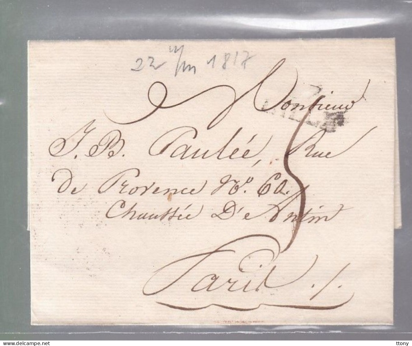 Lettre Dite Précurseurs  Sur Enveloppe S.C  17 Mai   1817  Destination Paris - 1801-1848: Voorlopers XIX
