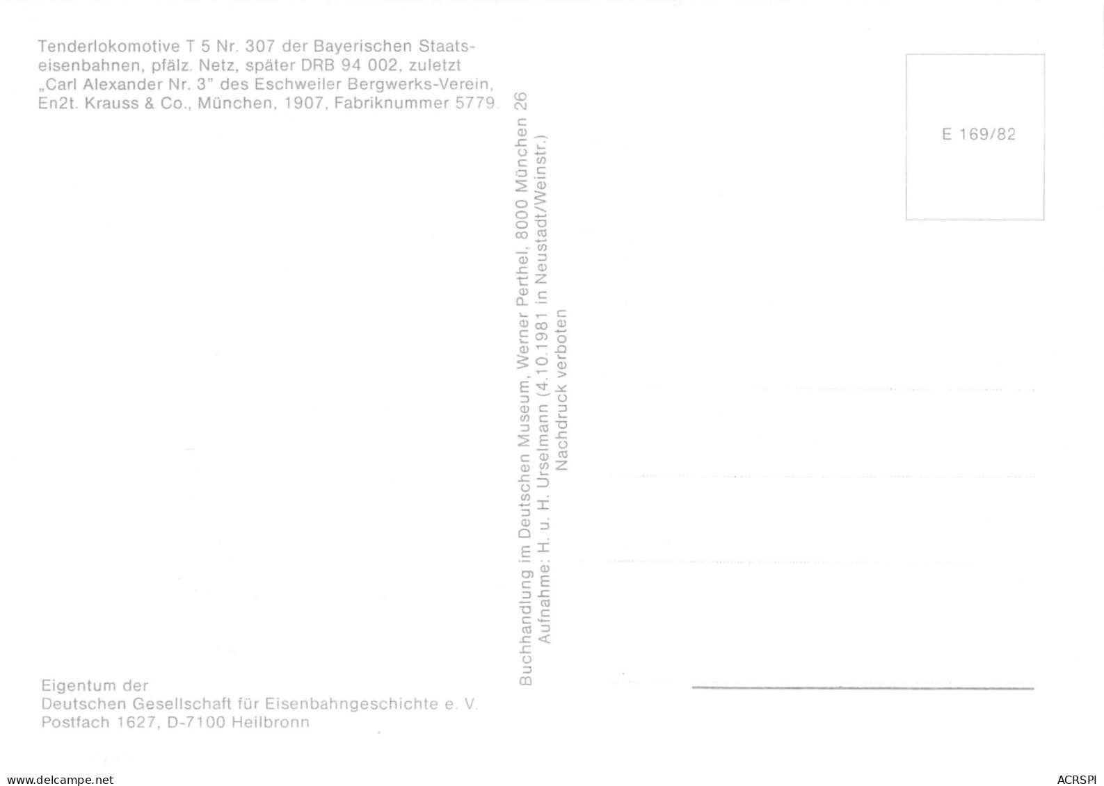  Heilbronn Tenderlokomotive  Locomotive T-5 Nr 307 DRB 94-002 Carl Alexander KRAUSS  (Scan R/V) N° 63 \MP7147 - Trenes