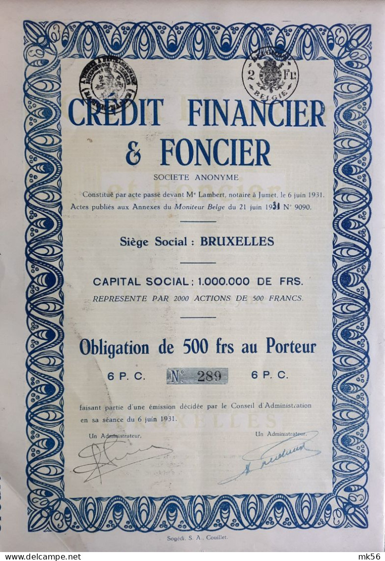 Credit Financier Et Foncier - 1931 - Bruxelles - Banco & Caja De Ahorros