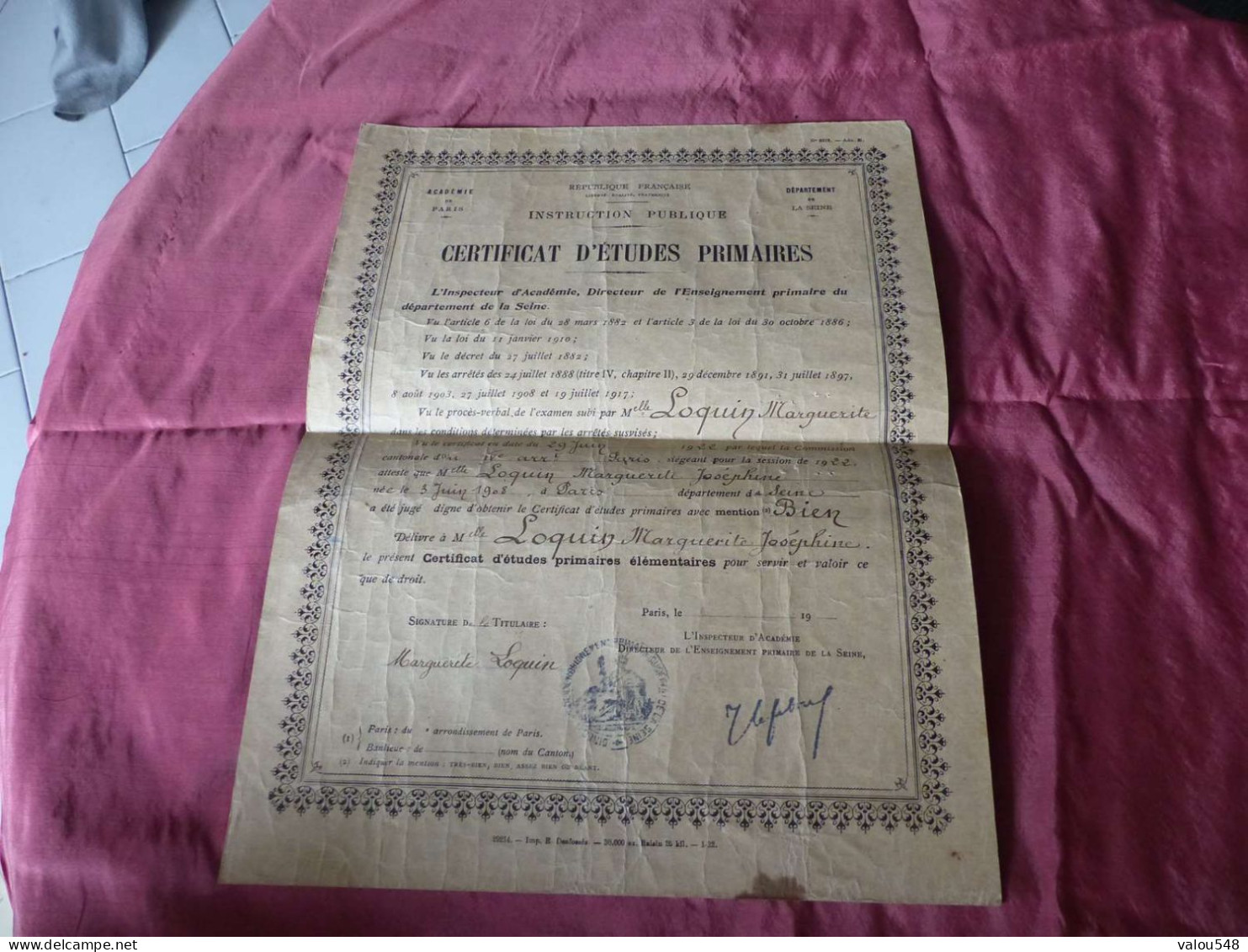 VP-9 , Diplôme , Certificat D'études Primaires, Académie De Paris, 29 Juin 1922 - Diplome Und Schulzeugnisse