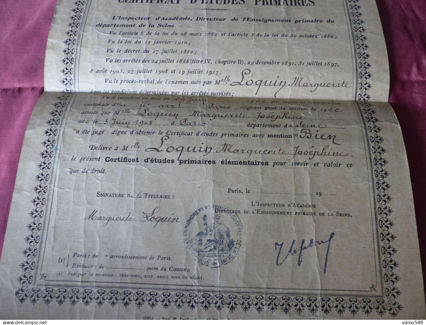 VP-9 , Diplôme , Certificat D'études Primaires, Académie De Paris, 29 Juin 1922 - Diplome Und Schulzeugnisse
