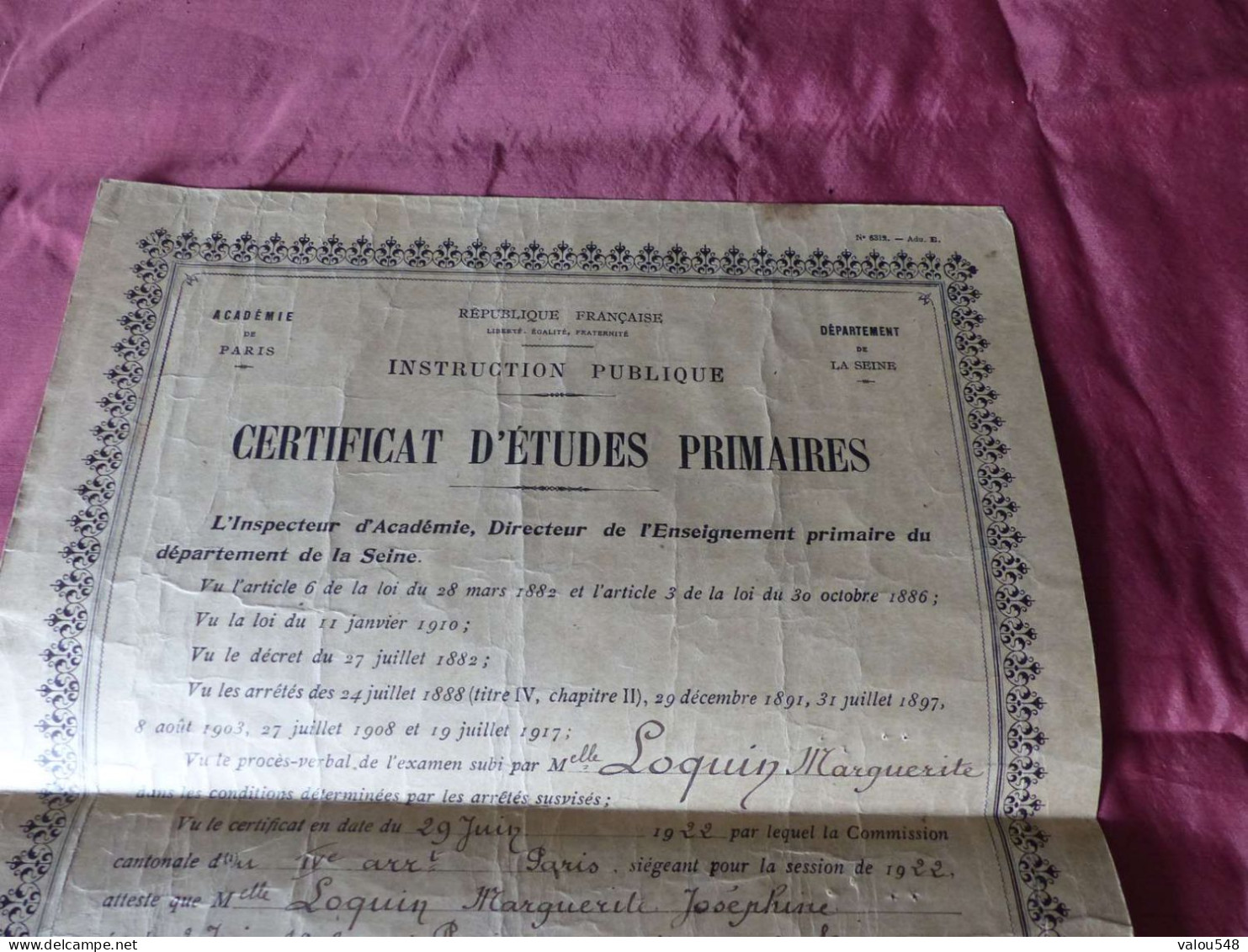 VP-9 , Diplôme , Certificat D'études Primaires, Académie De Paris, 29 Juin 1922 - Diplomas Y Calificaciones Escolares