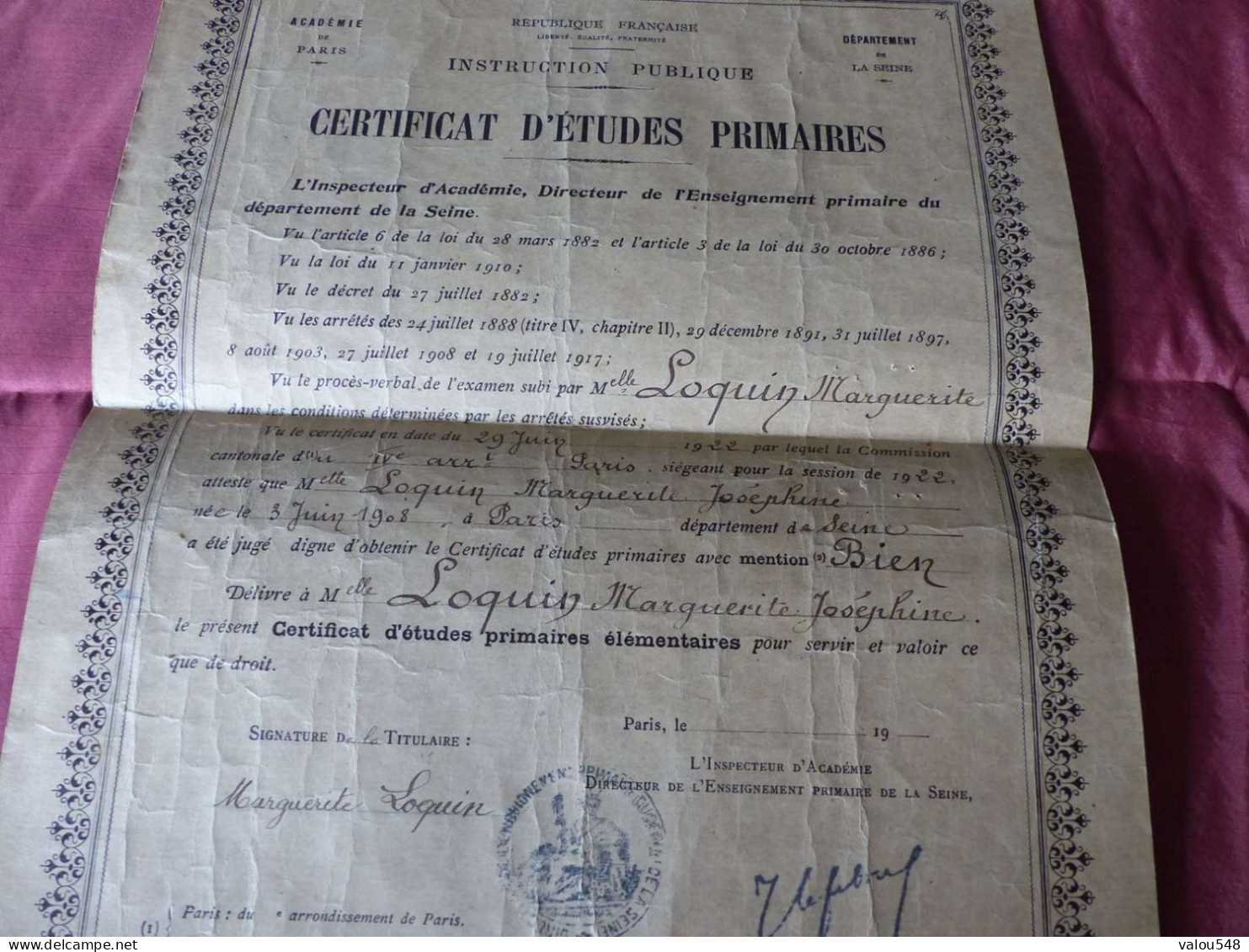 VP-9 , Diplôme , Certificat D'études Primaires, Académie De Paris, 29 Juin 1922 - Diploma's En Schoolrapporten