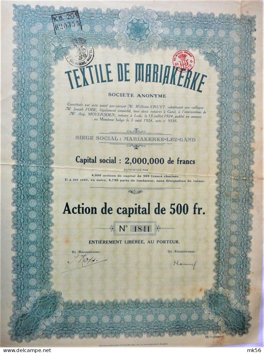 S.A. Textile De Mariakerke - Action De Cap. De 500 Fr. (1924) - Tessili