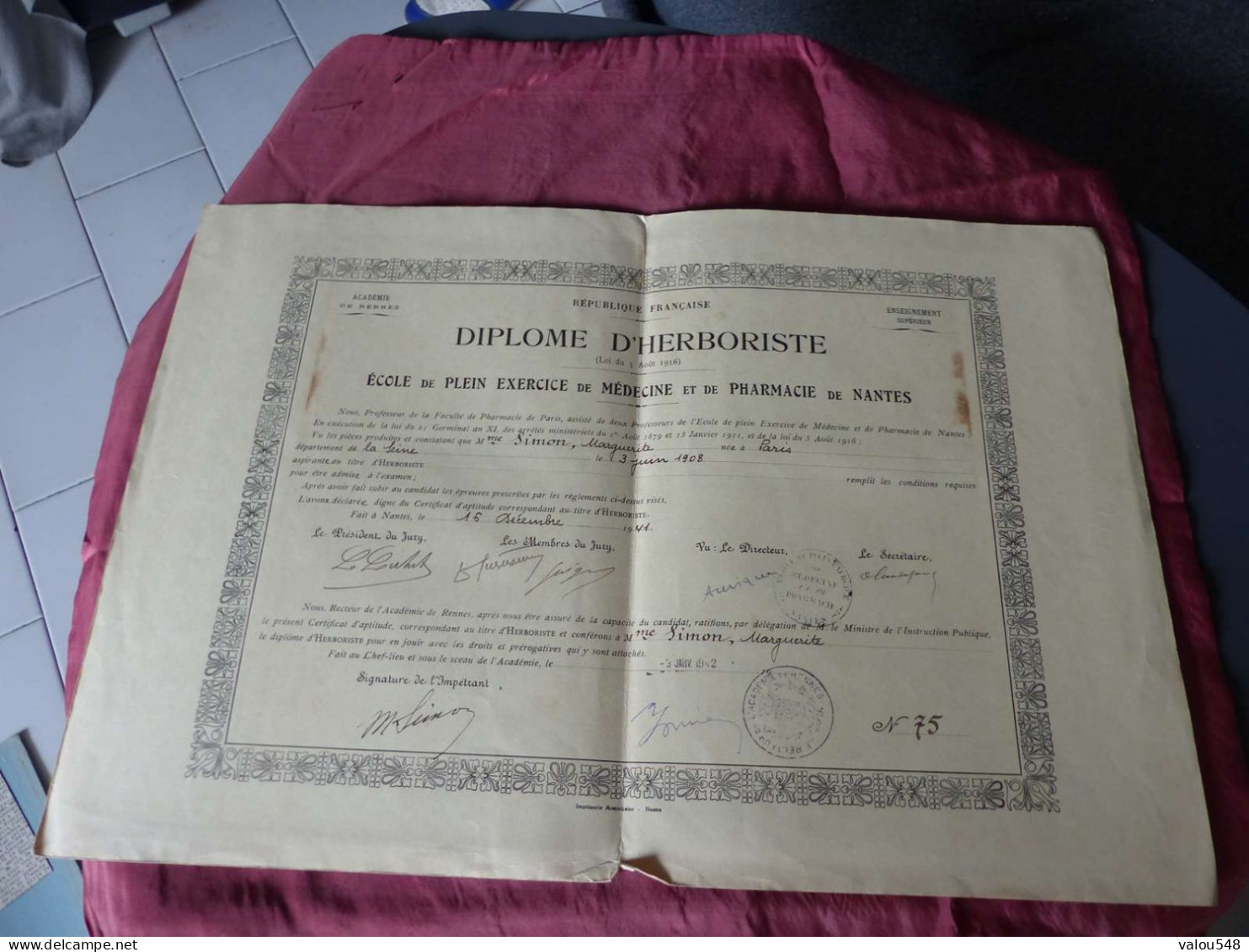 VP-10 , Diplôme D'herboriste , Ecole De Médecine Et De Pharmacie De Nantes, 3 Janvier 1942 - Diploma's En Schoolrapporten