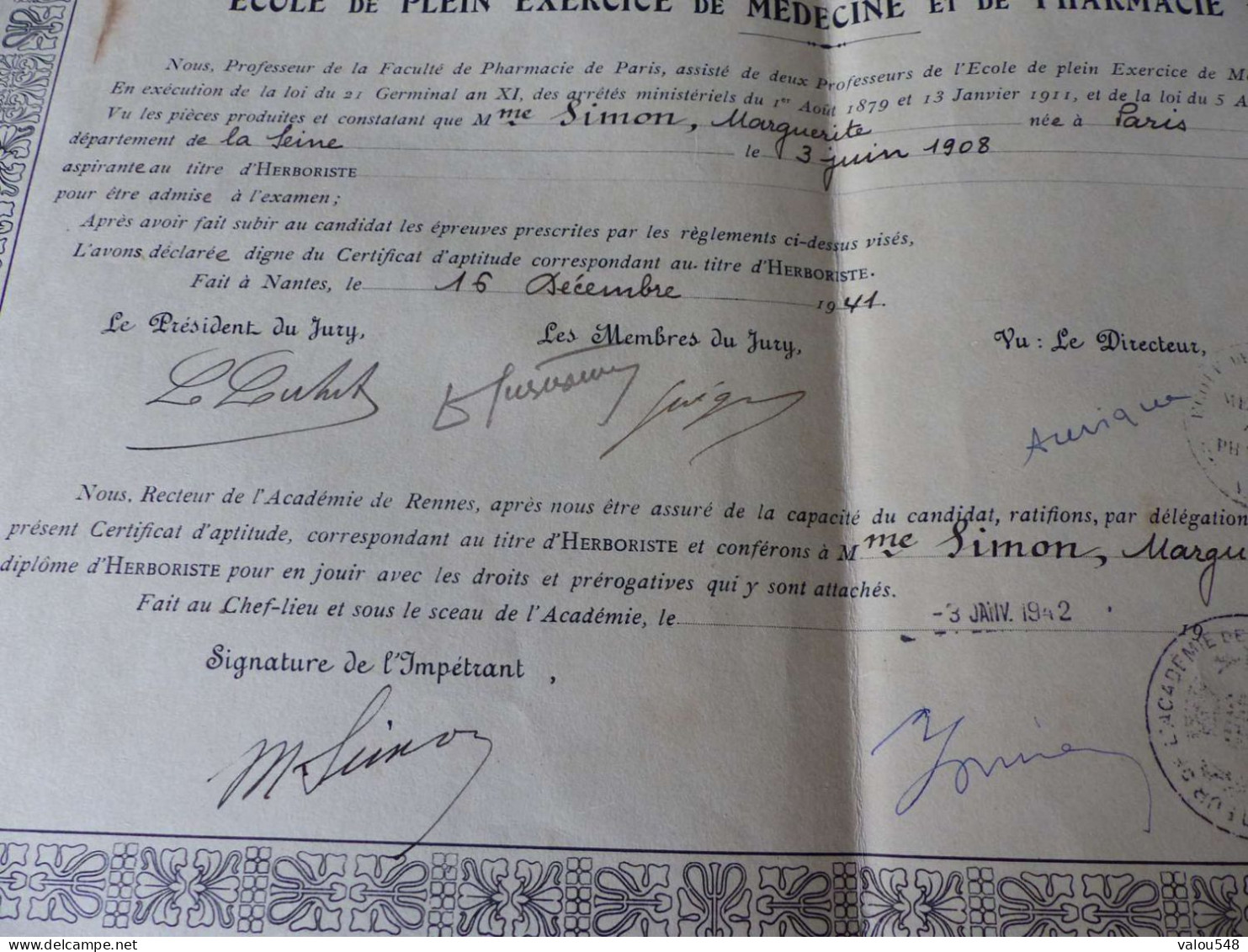 VP-10 , Diplôme D'herboriste , Ecole De Médecine Et De Pharmacie De Nantes, 3 Janvier 1942 - Diploma & School Reports