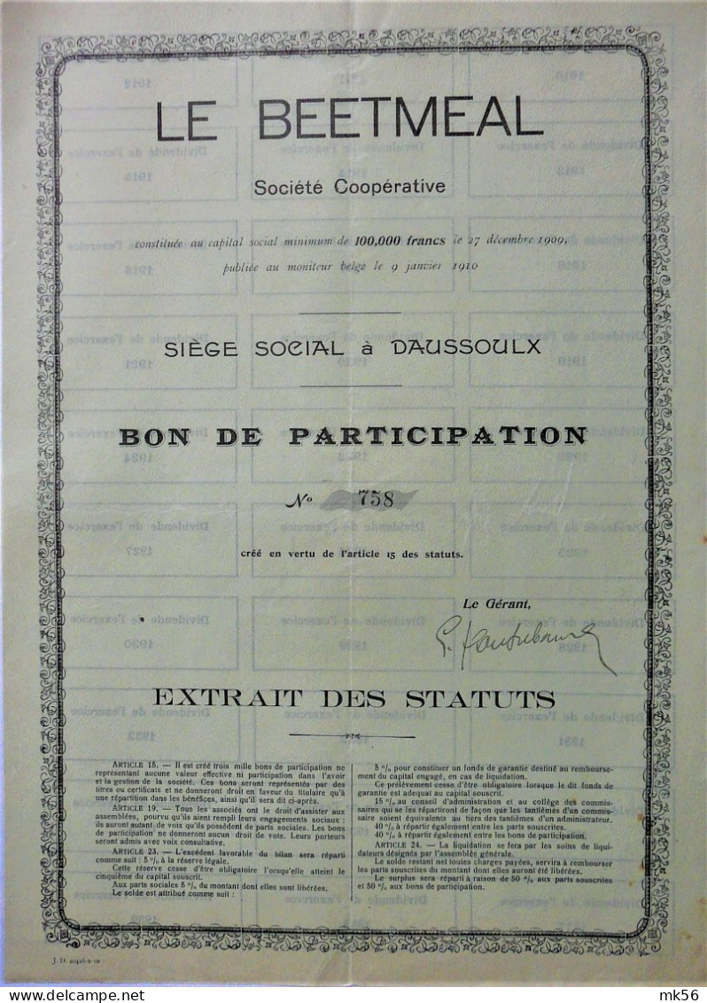 S.C.Le Beetmeal - Bon De Participation  (1910) Daussoulx - Andere & Zonder Classificatie