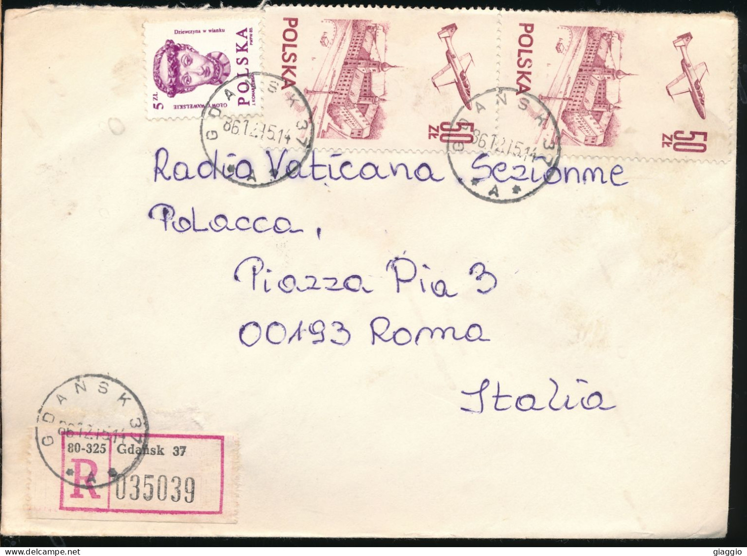 °°° POLAND - REGISTERED LETTER FROM GDANSK TO VATICAN RADIO ROME 1986 °°° - Lettres & Documents